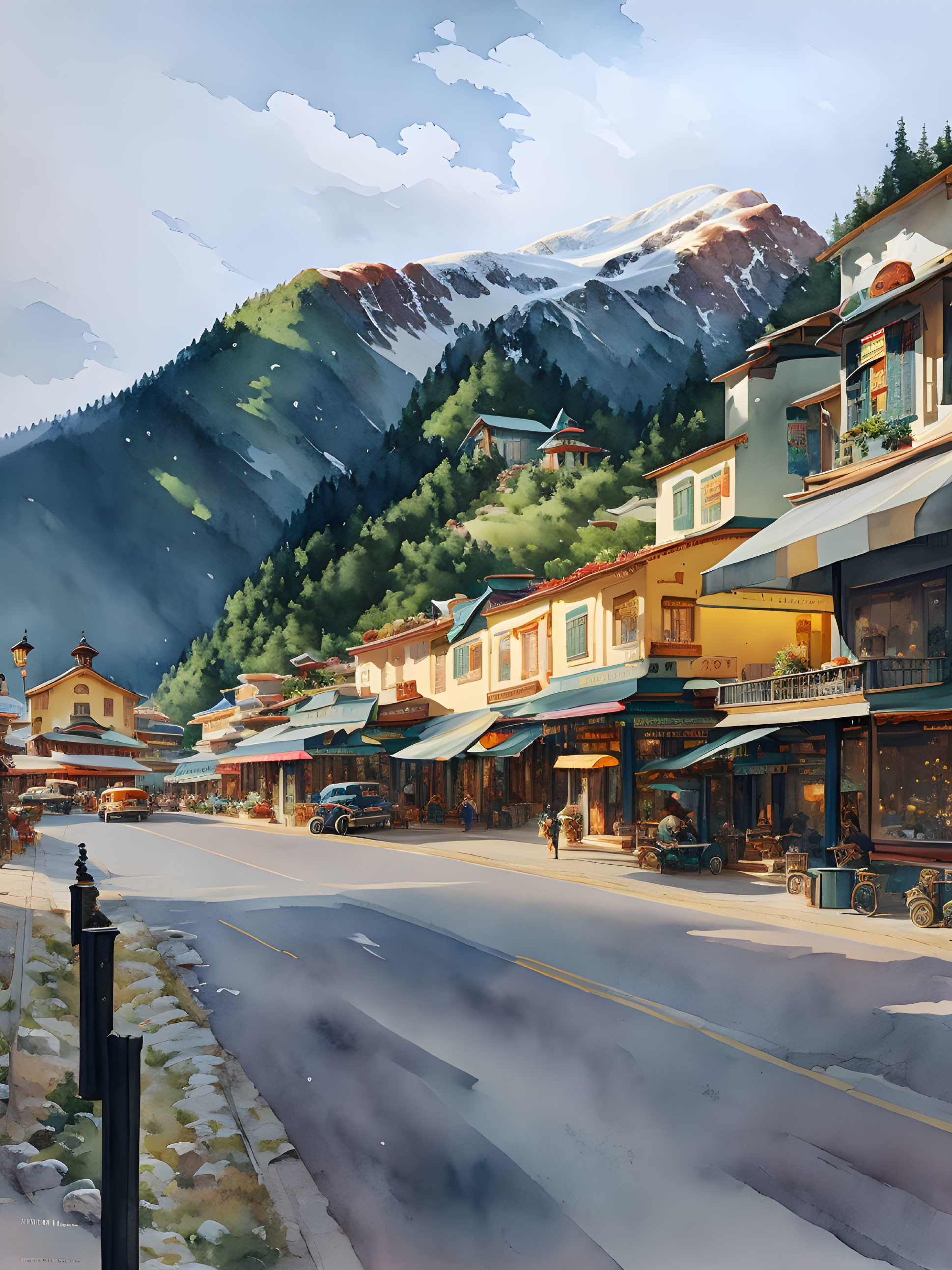 Snow-capped peaks backdrop picturesque mountain town