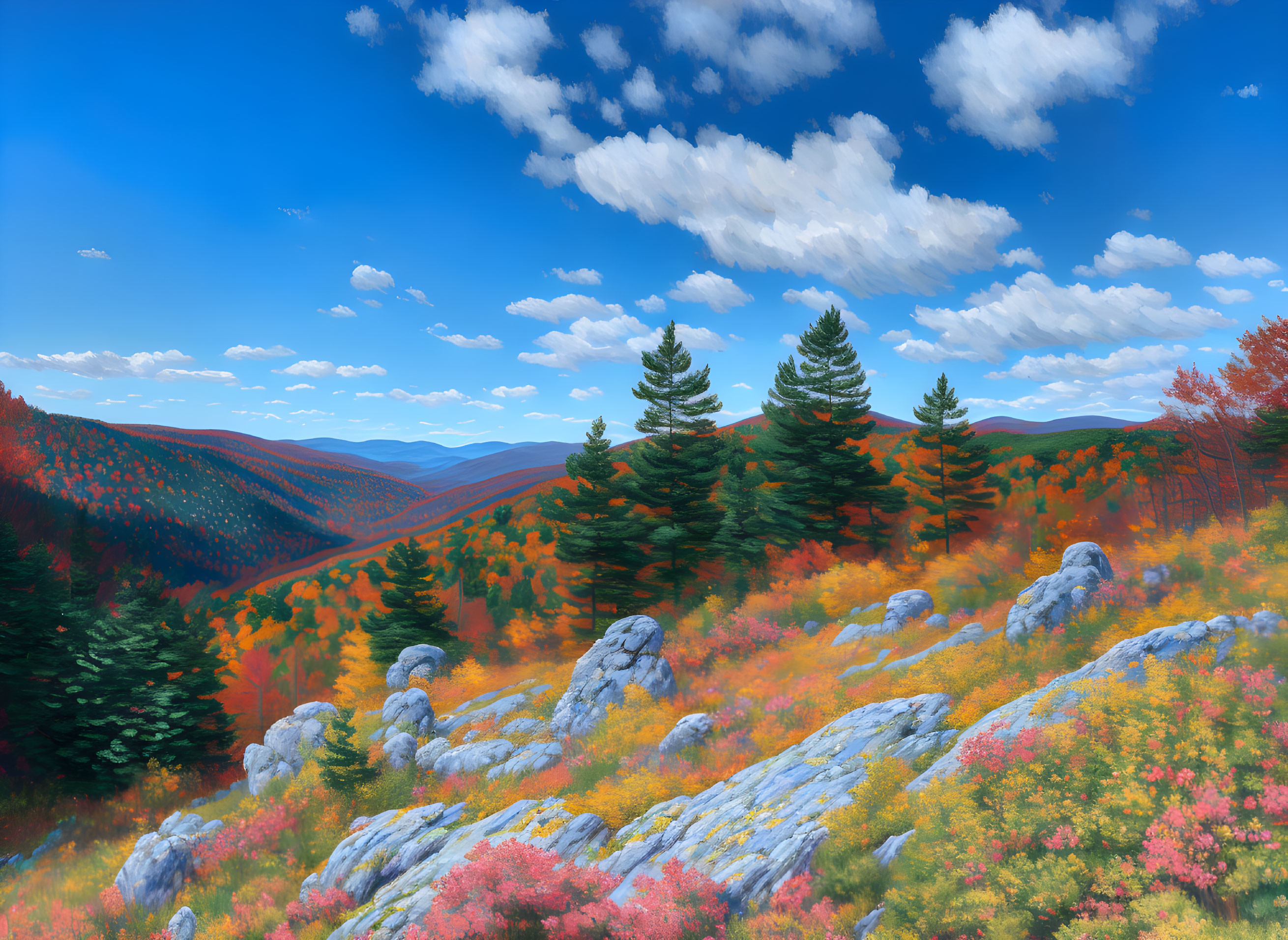 Colorful Autumn Landscape with Rolling Hills and Blue Sky