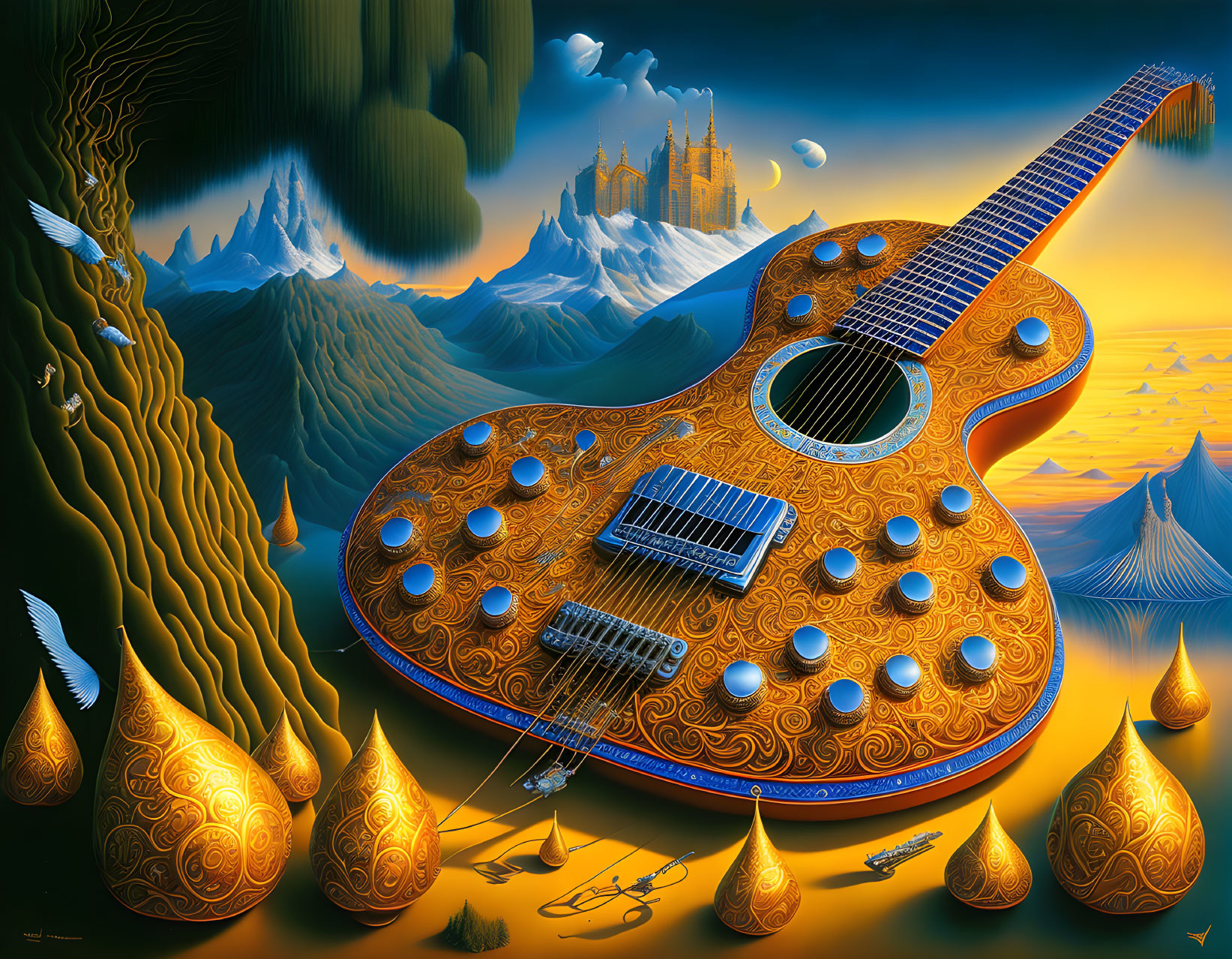 Detailed Guitar in Surreal Landscape with Ornate Patterns and Flying Doves