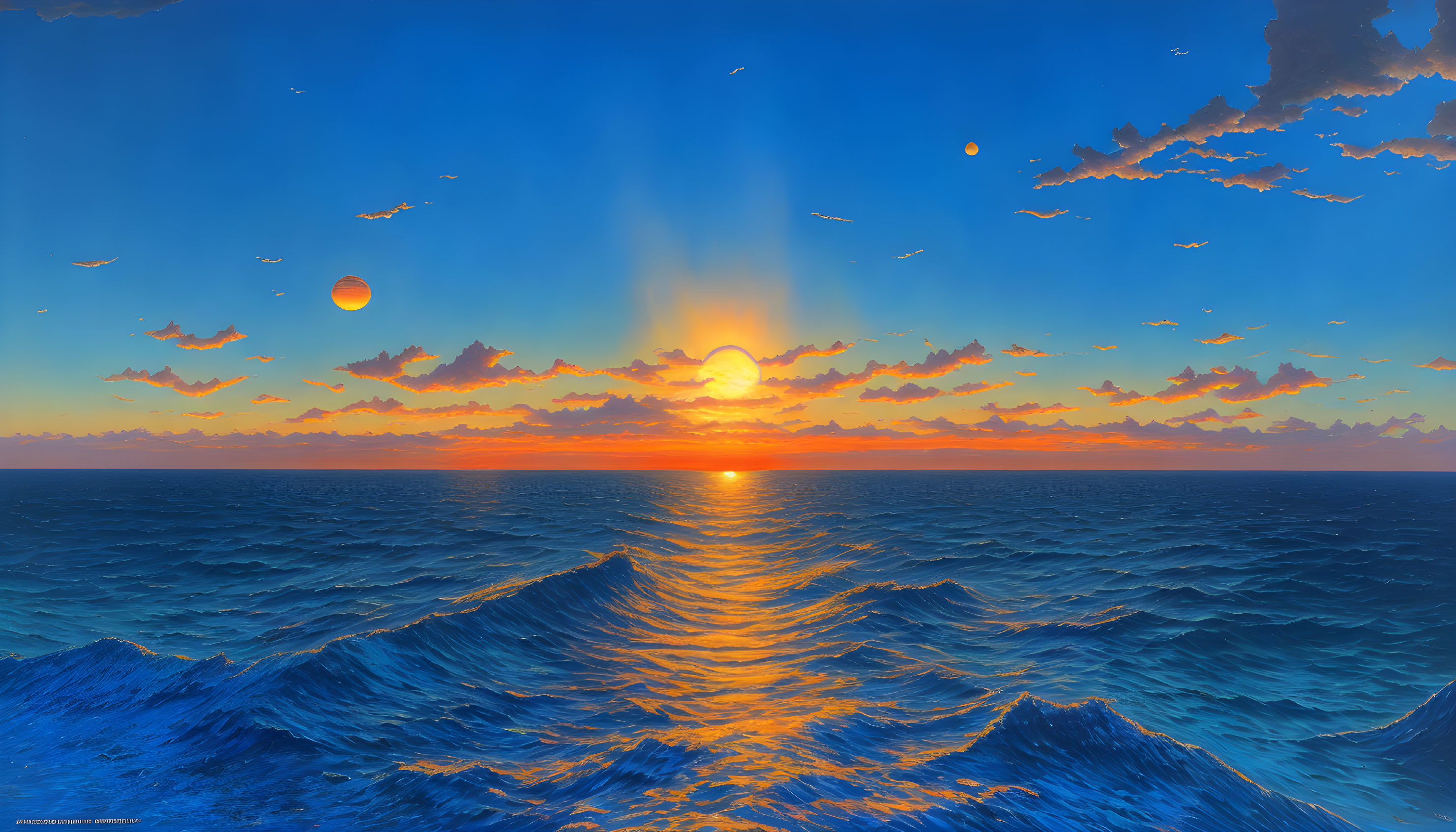 Scenic sunrise over wavy ocean with bright sun and celestial bodies