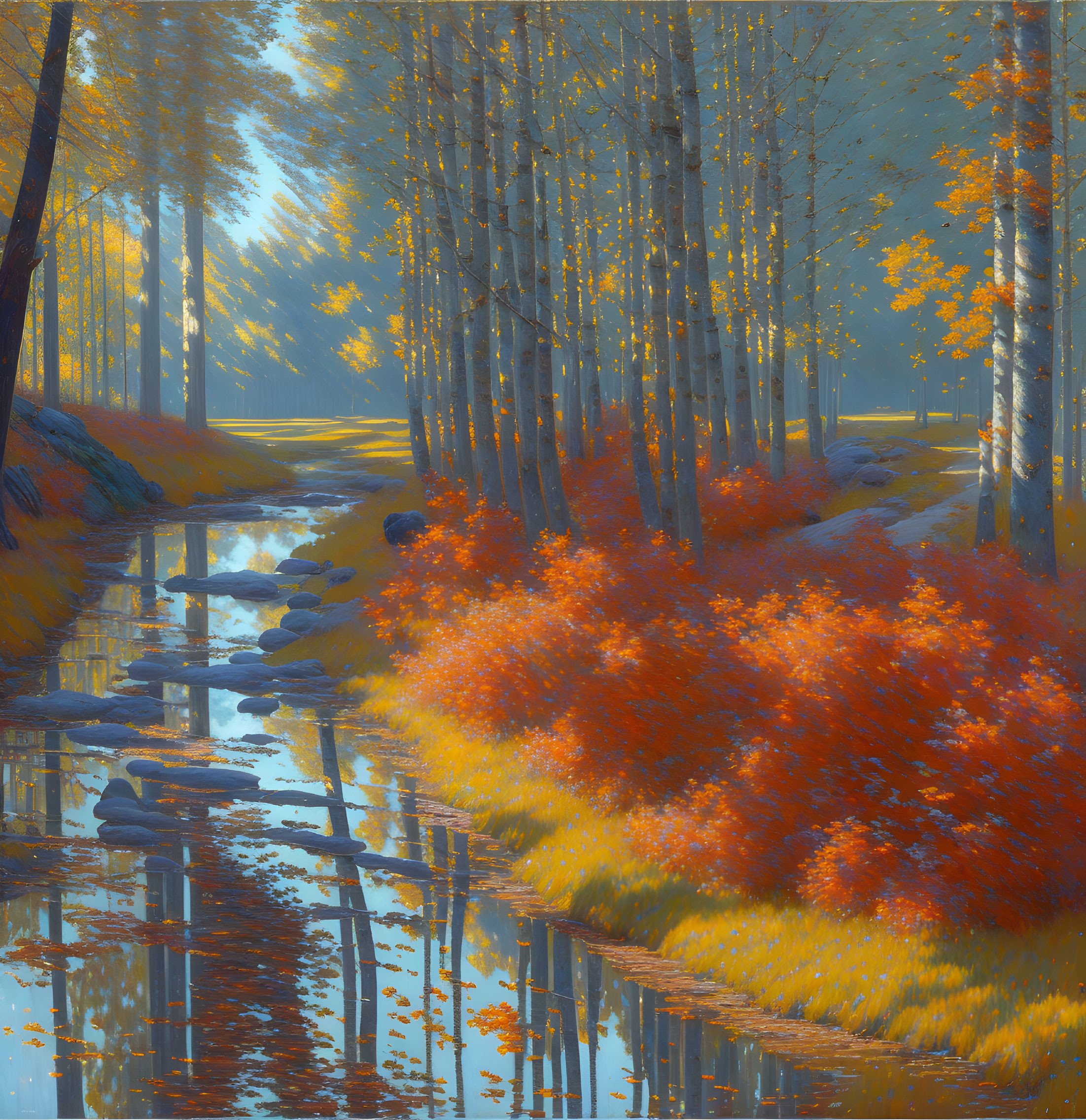 Tranquil autumn forest with tall trees reflecting in creek waters