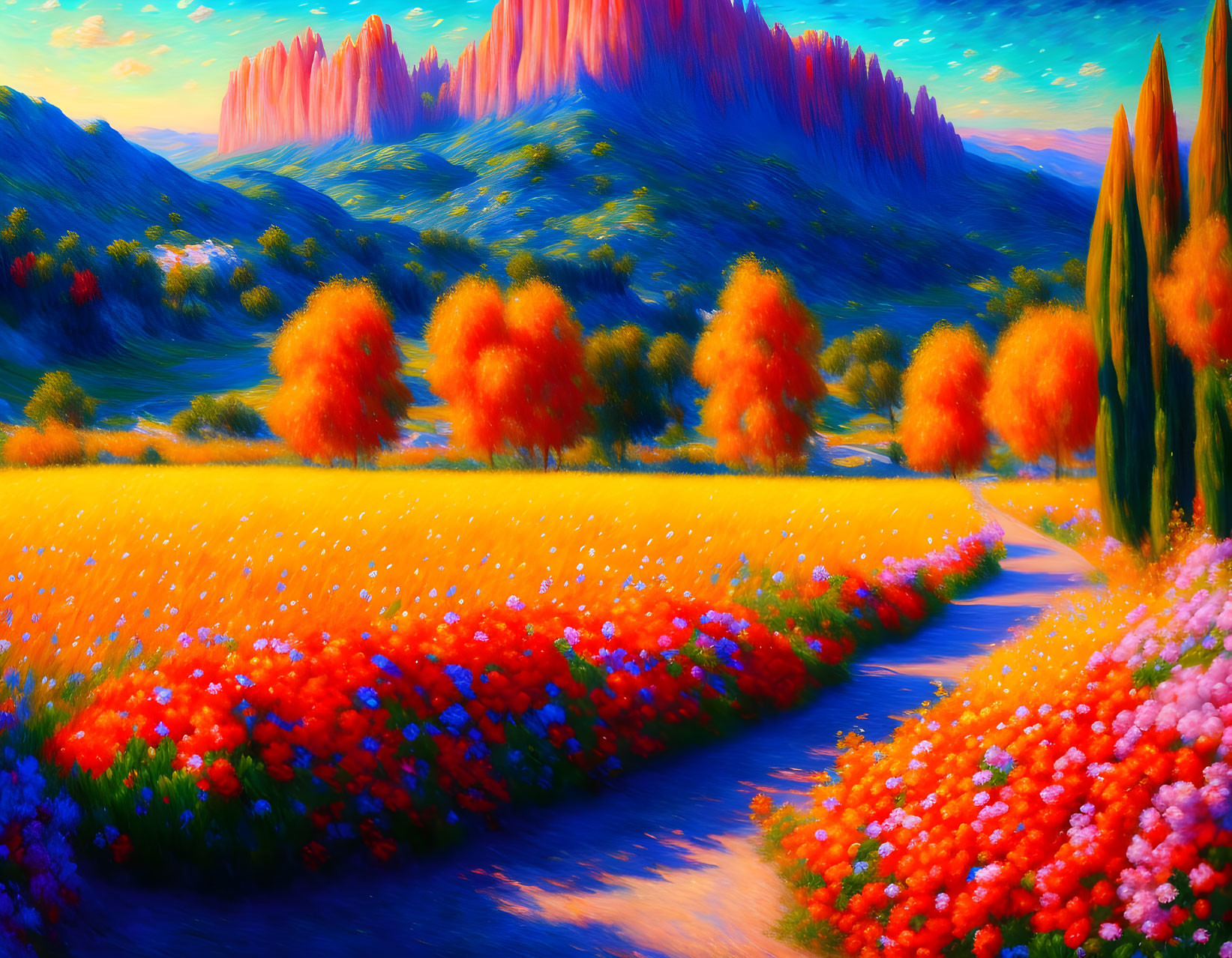 Colorful Flower Fields and Autumn Trees in Vibrant Landscape