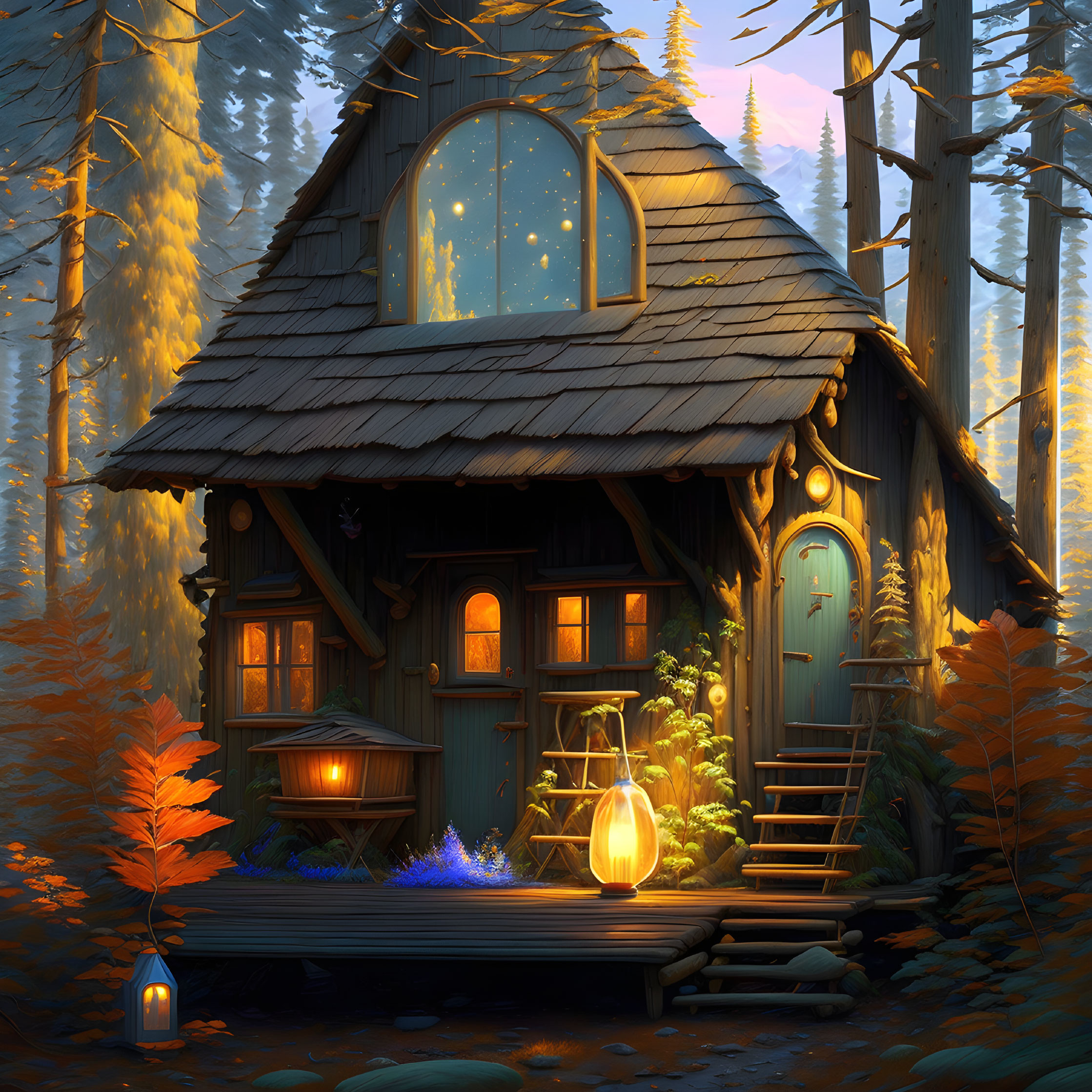 Autumnal forest cabin with pumpkin lantern at twilight