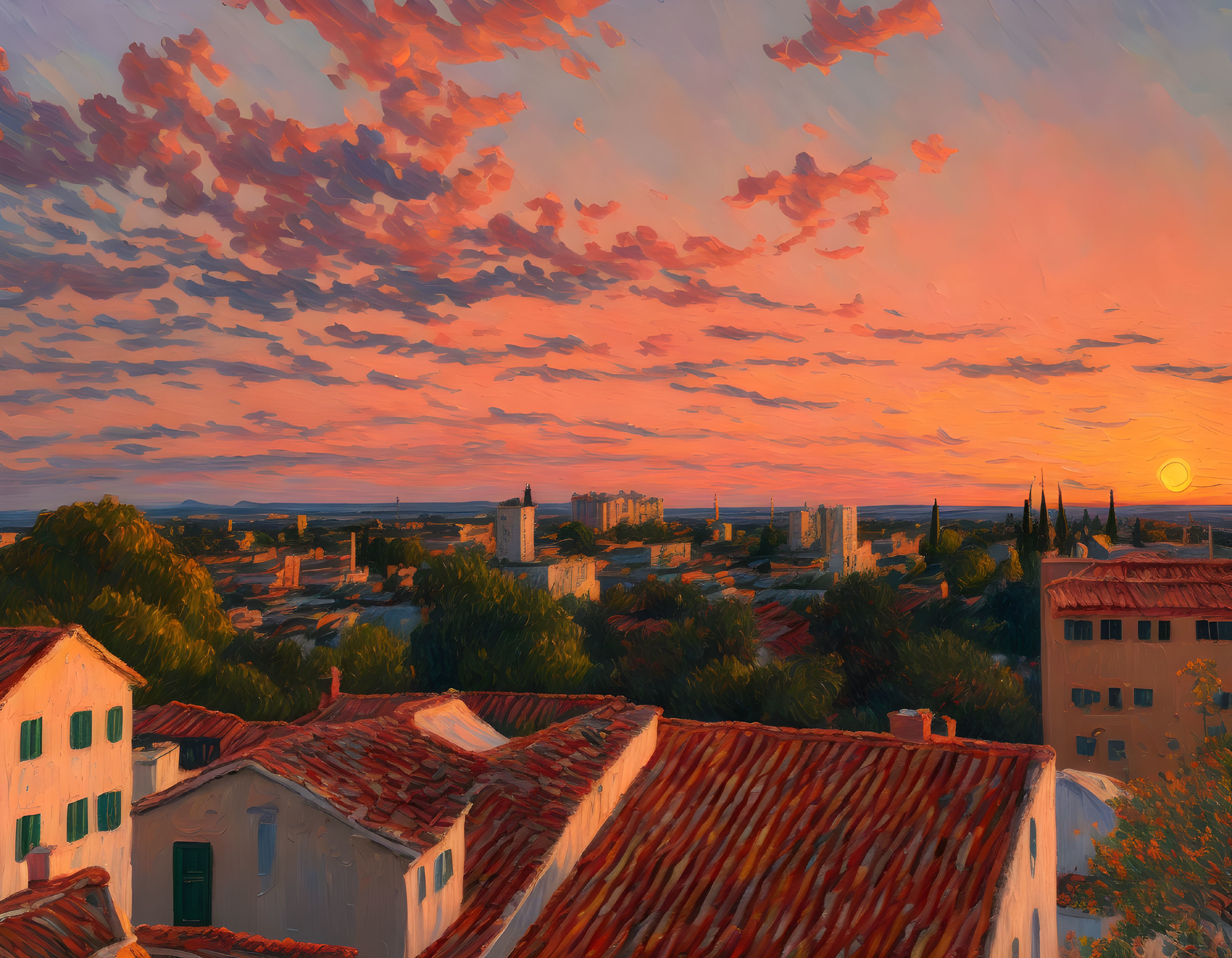 Vibrant sunset over quaint town with terracotta rooftops