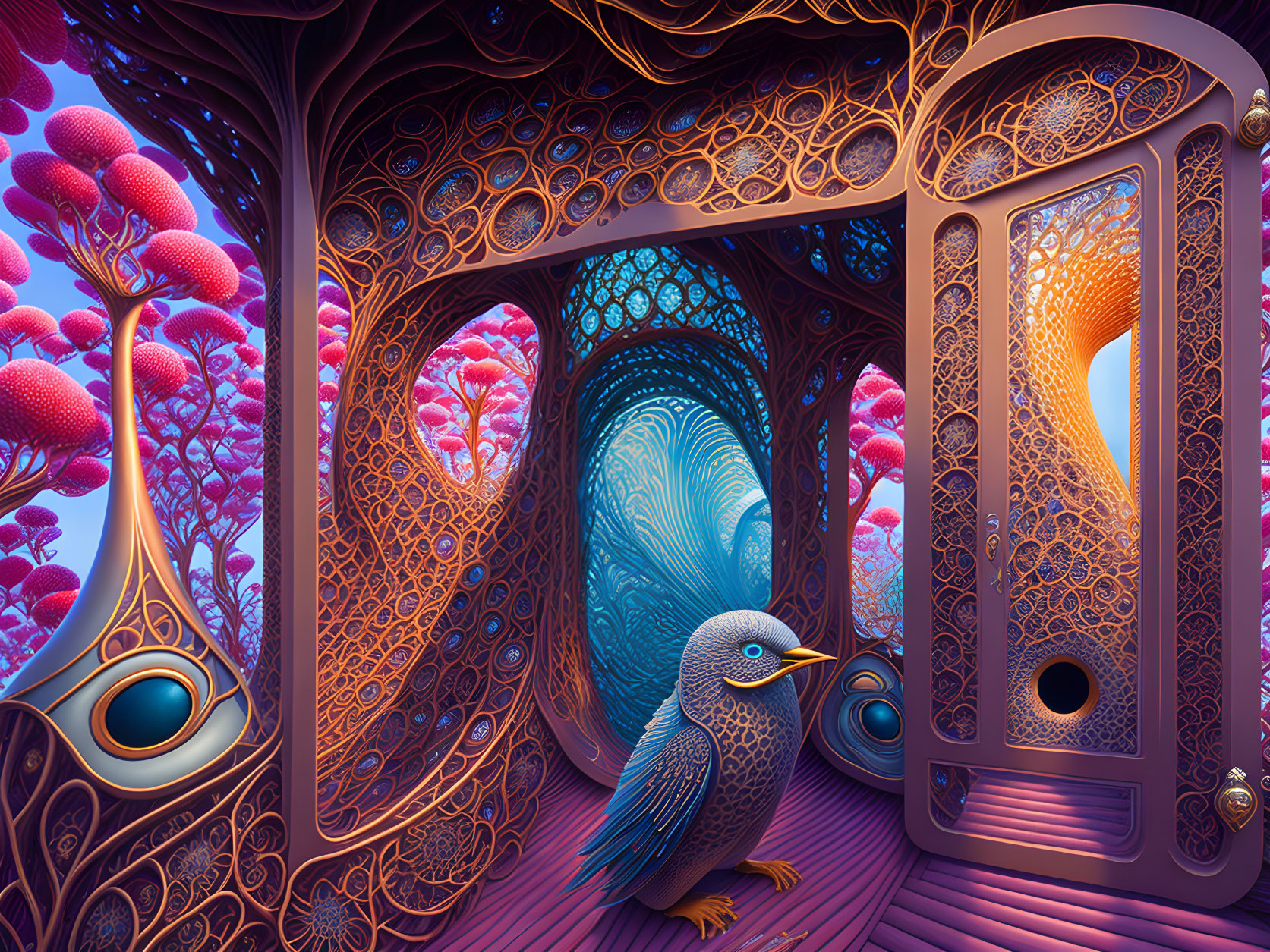 Vibrant surreal bird in front of mystical forest scene