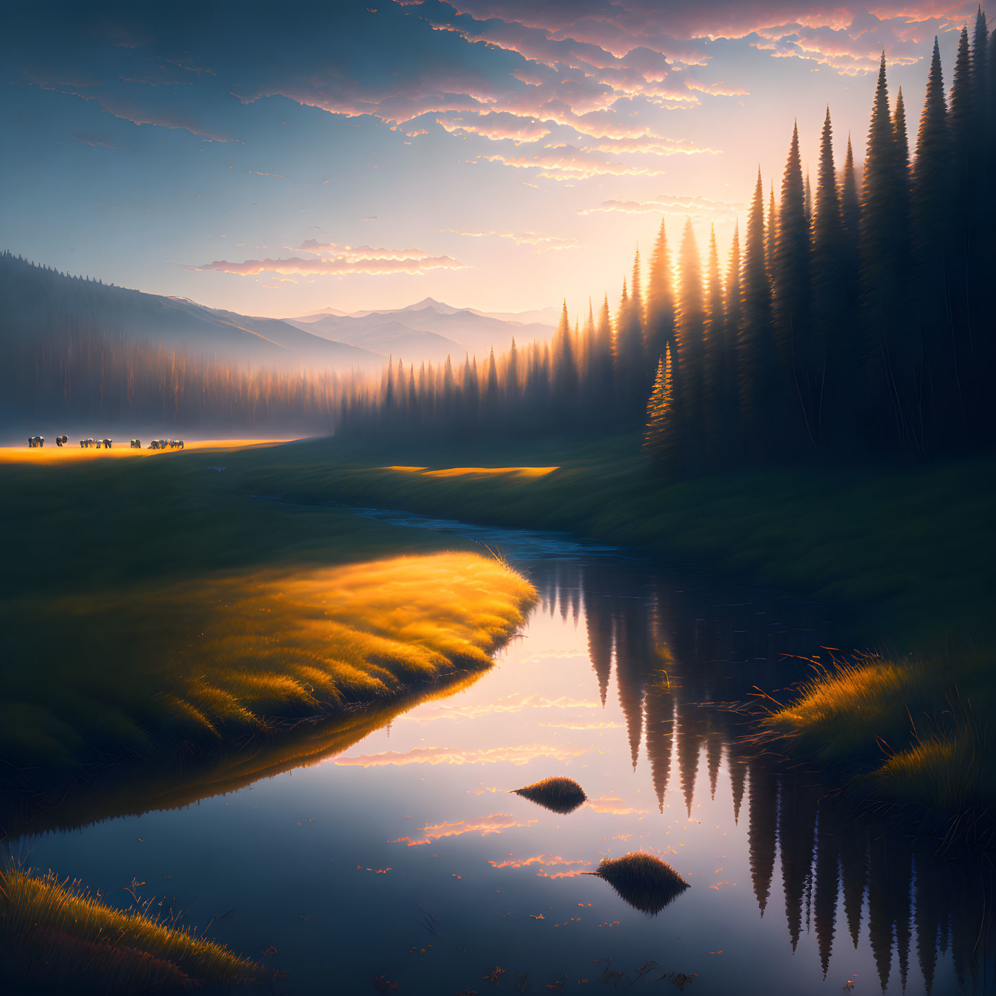 Twilight landscape with river, illuminated grass, pine trees, mountains