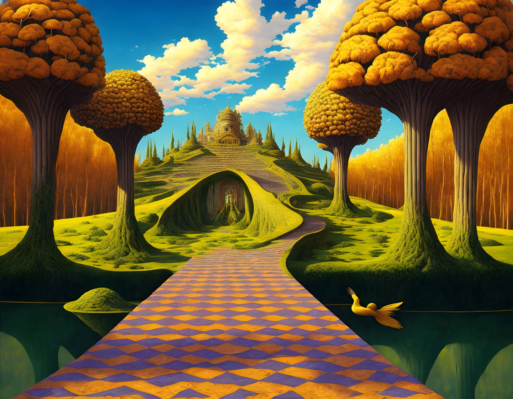 Vibrant orange trees in whimsical landscape with cobblestone path and distant castle