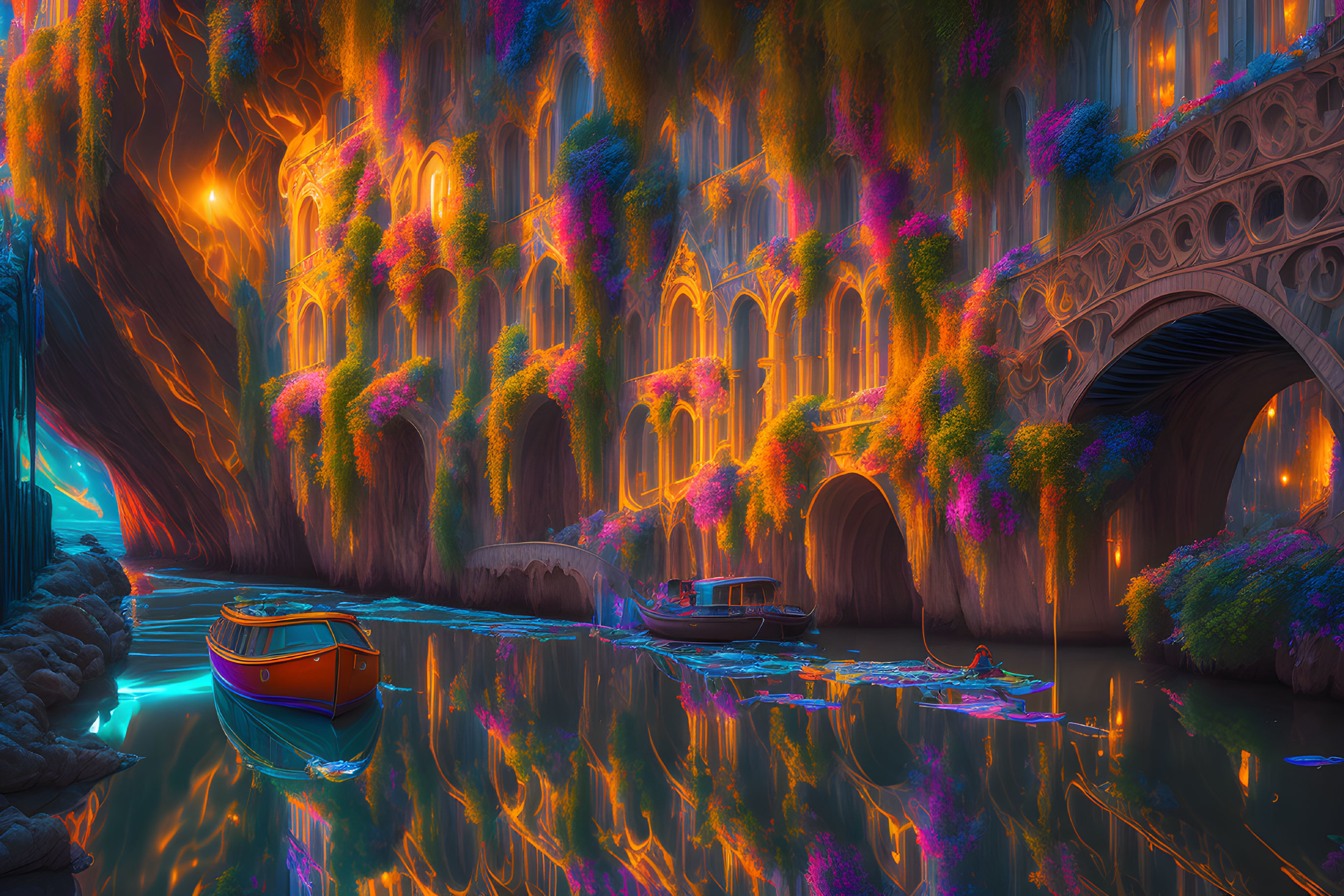 Colorful River Scene with Glowing Lights and Intricate Architecture