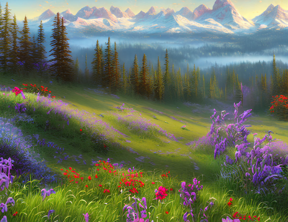 Scenic landscape with flower-filled meadow, pine trees, and misty mountains