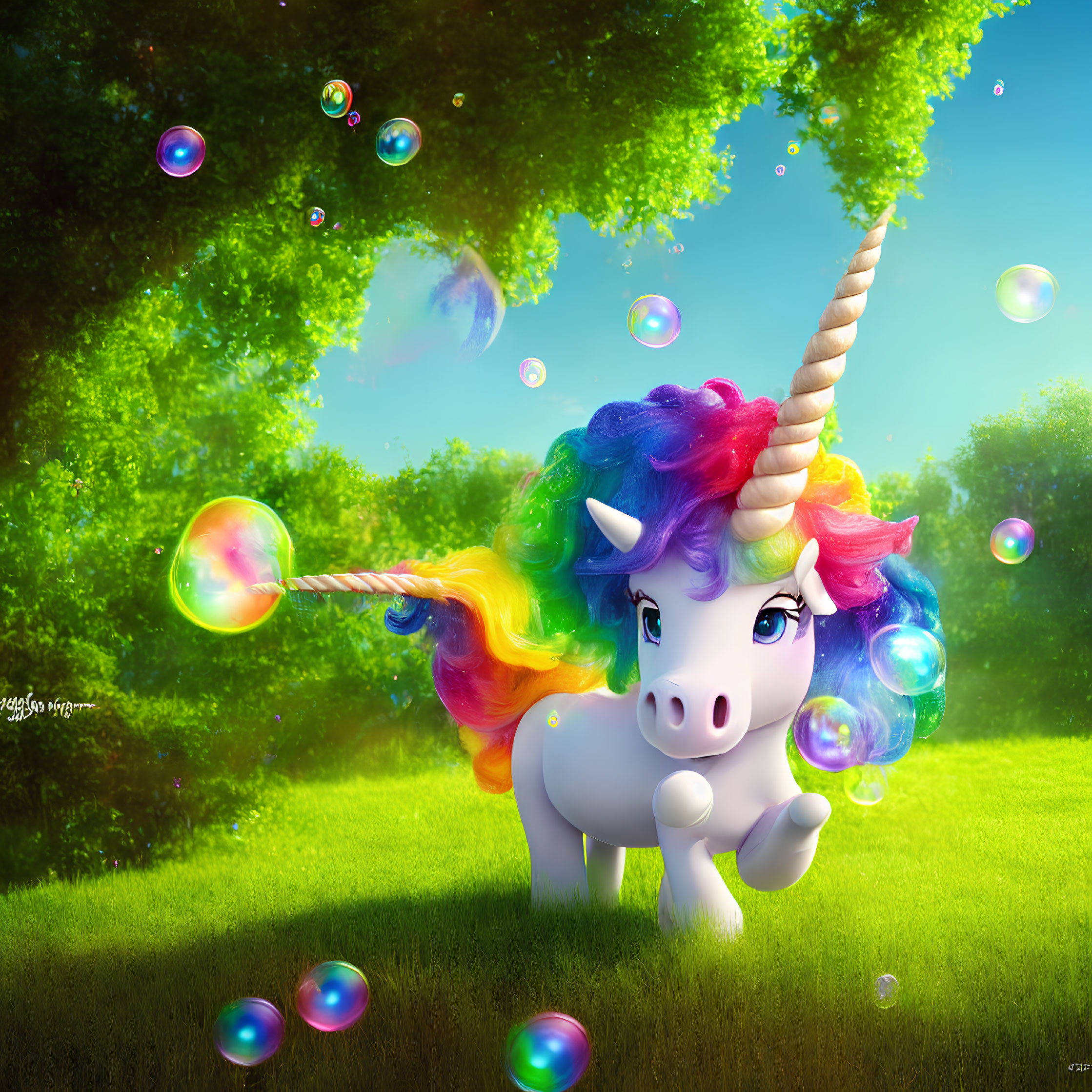 Colorful Cartoon Unicorn with Rainbow Mane in Sunny Meadow surrounded by Soap Bubbles