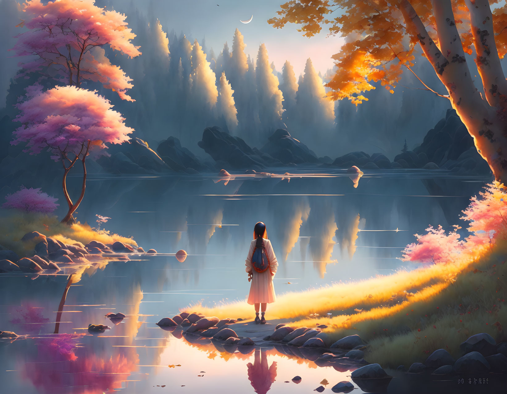 Girl by Calm Lake in Serene Sunlit Landscape with Pink Blossomed Trees