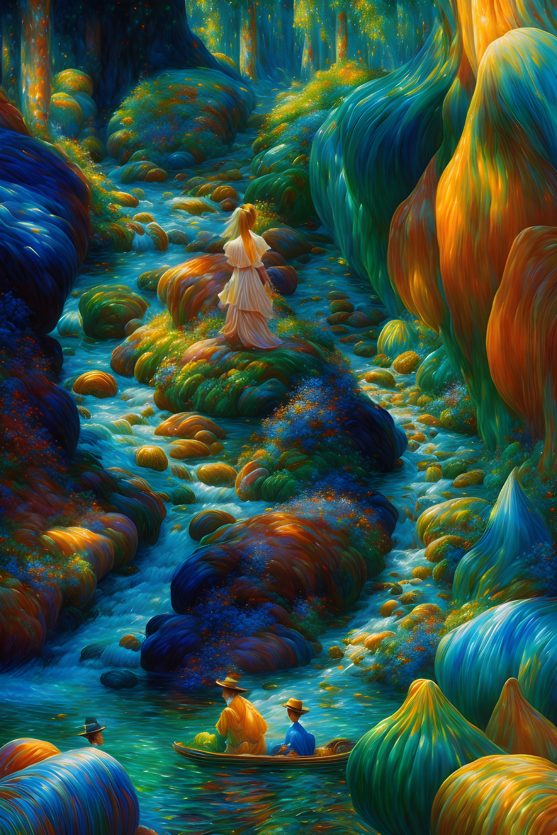 Person in White Dress Stands on Colorful Stones in Stream