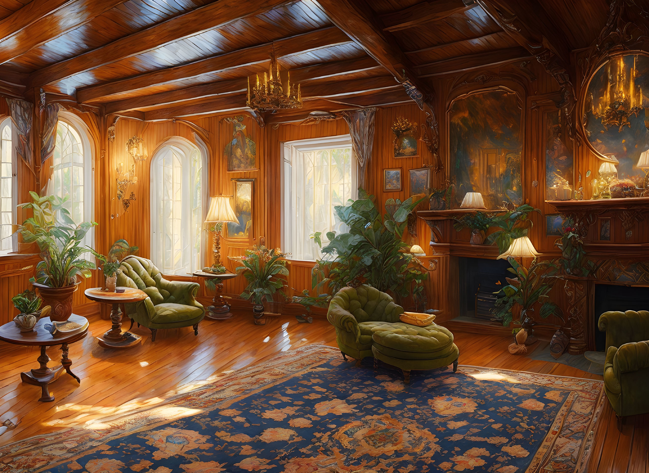 Luxurious Wooden Interior with Green Seating, Fireplace, Persian Rug, Windows, and Houseplants