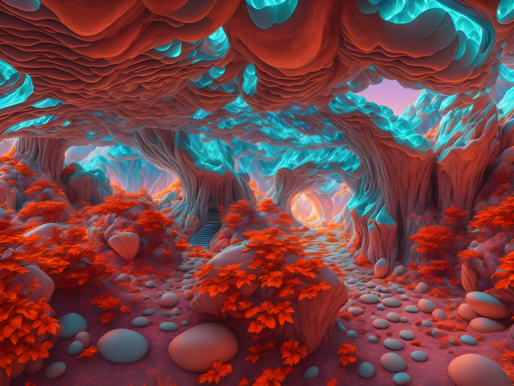 Vibrant surreal landscape with orange foliage and turquoise-blue cave structures