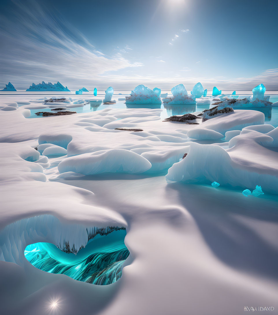 Snow-covered polar landscape with icebergs, glacial ice caves, and glistening sun reflections.