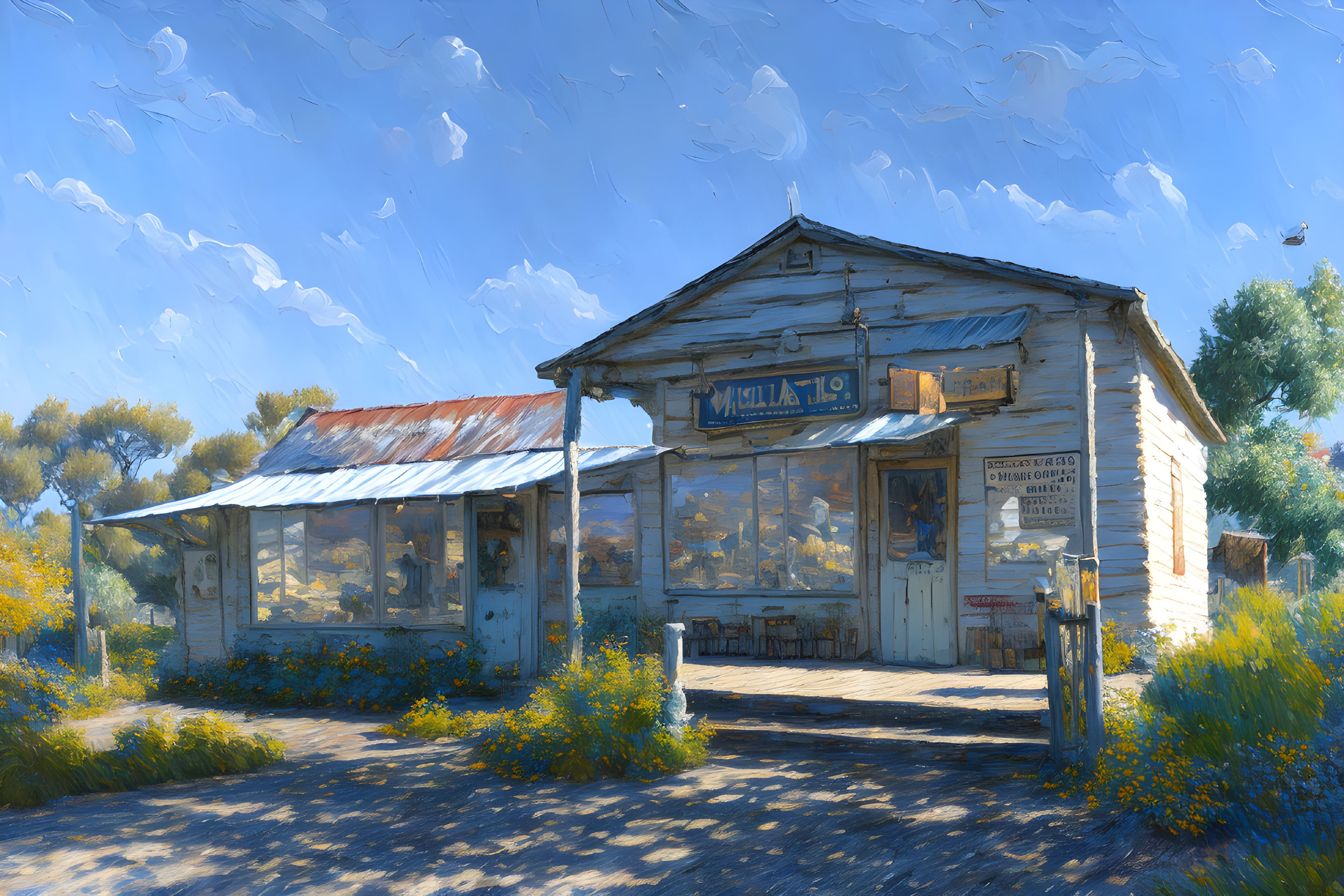 Rustic countryside store painting with wildflowers under blue sky