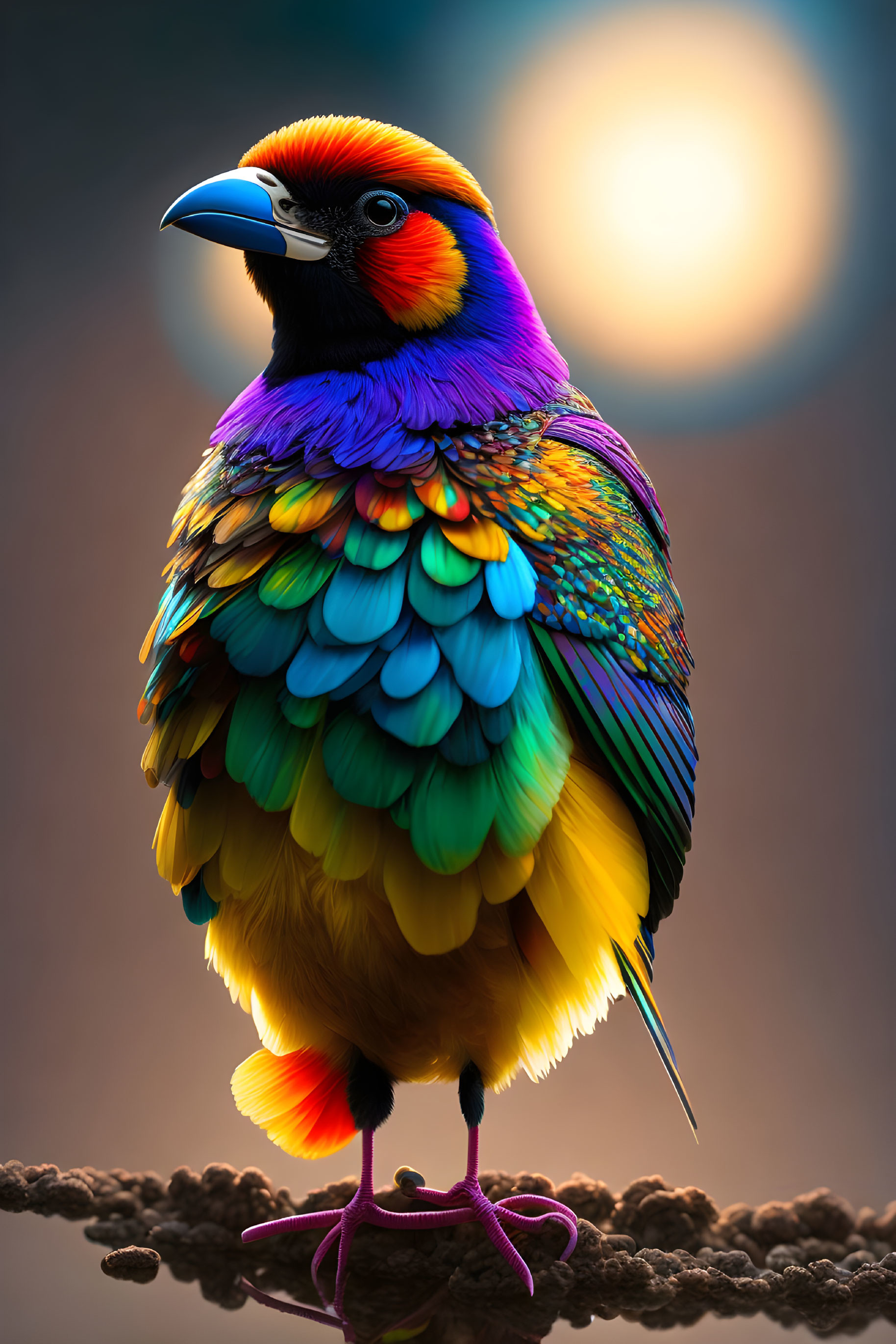 Colorful Bird with Purple, Blue, Green, and Orange Plumage on Soft Background