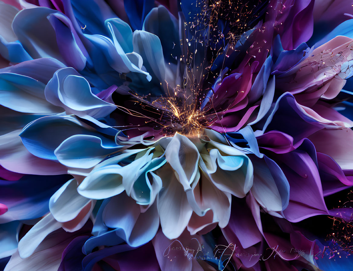 Colorful digital art: Multicolored petals encircle glowing burst with spark-like details