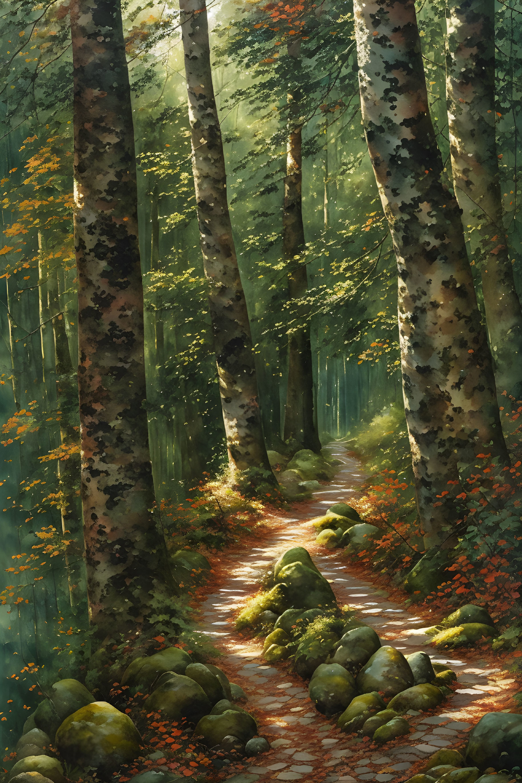 Tranquil Forest Path with Sunlight and Foliage