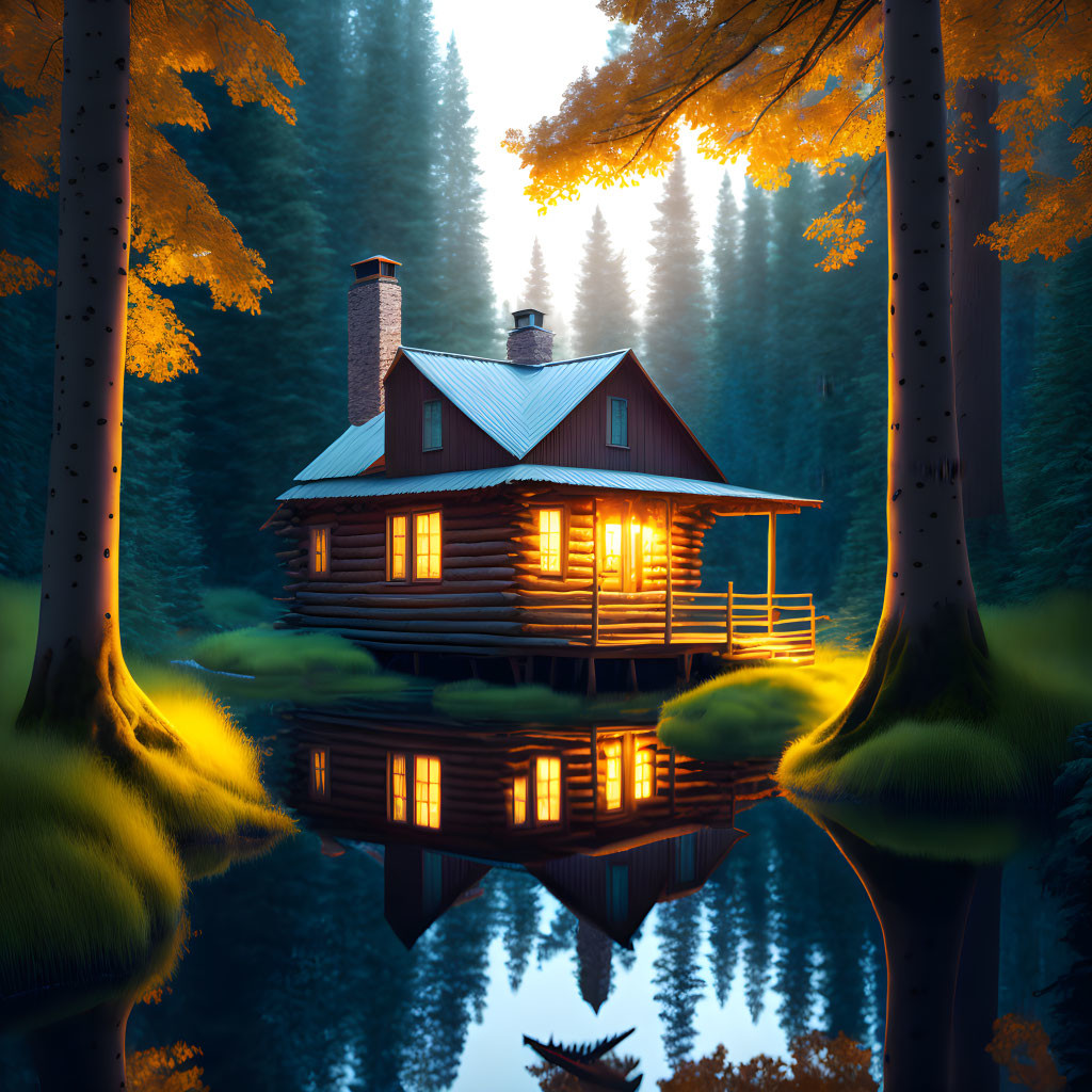 Autumn Twilight Scene: Cozy Cabin Among Glowing Trees