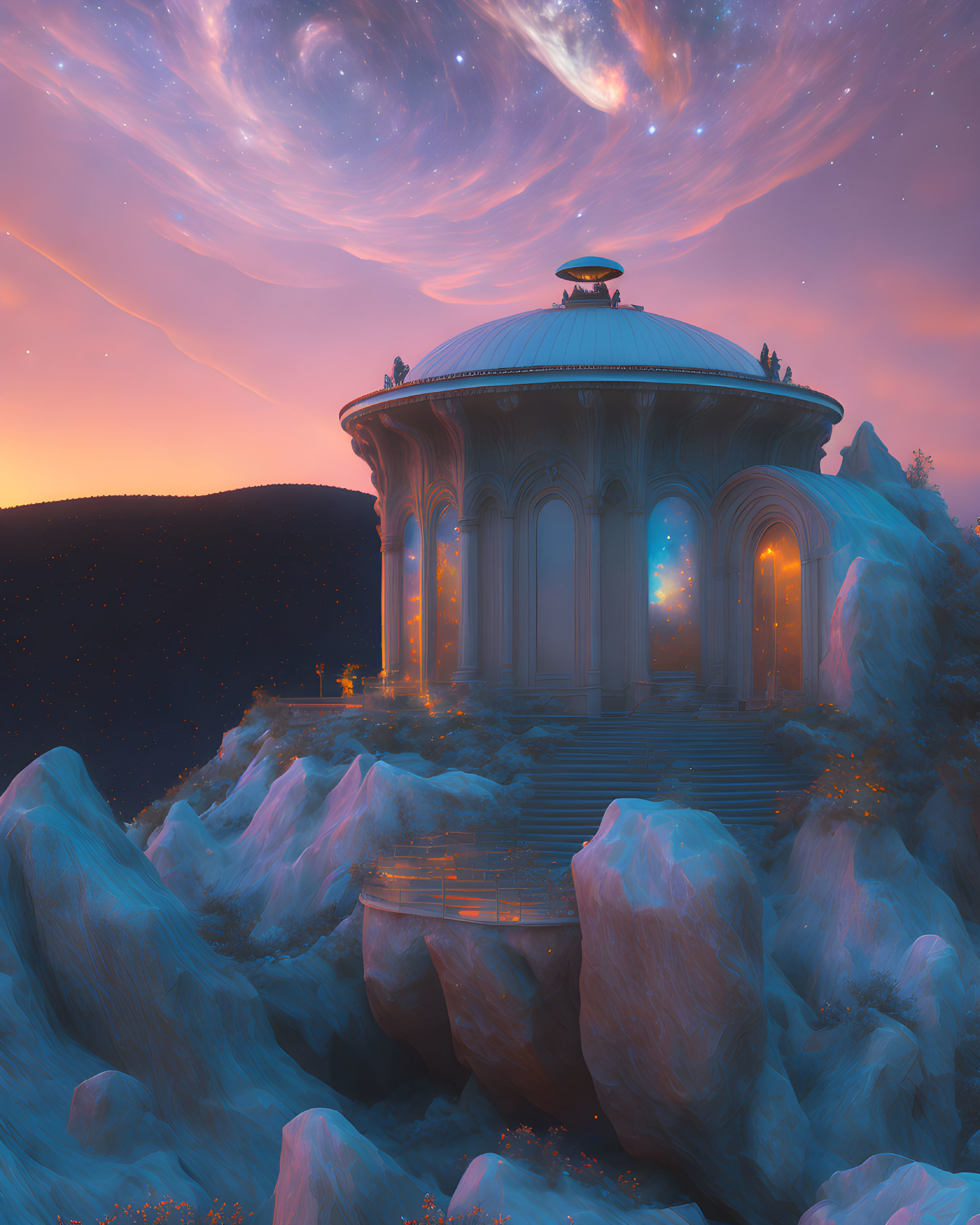 Classical Pavilion on Rocky Hill at Dusk with Cosmic Clouds