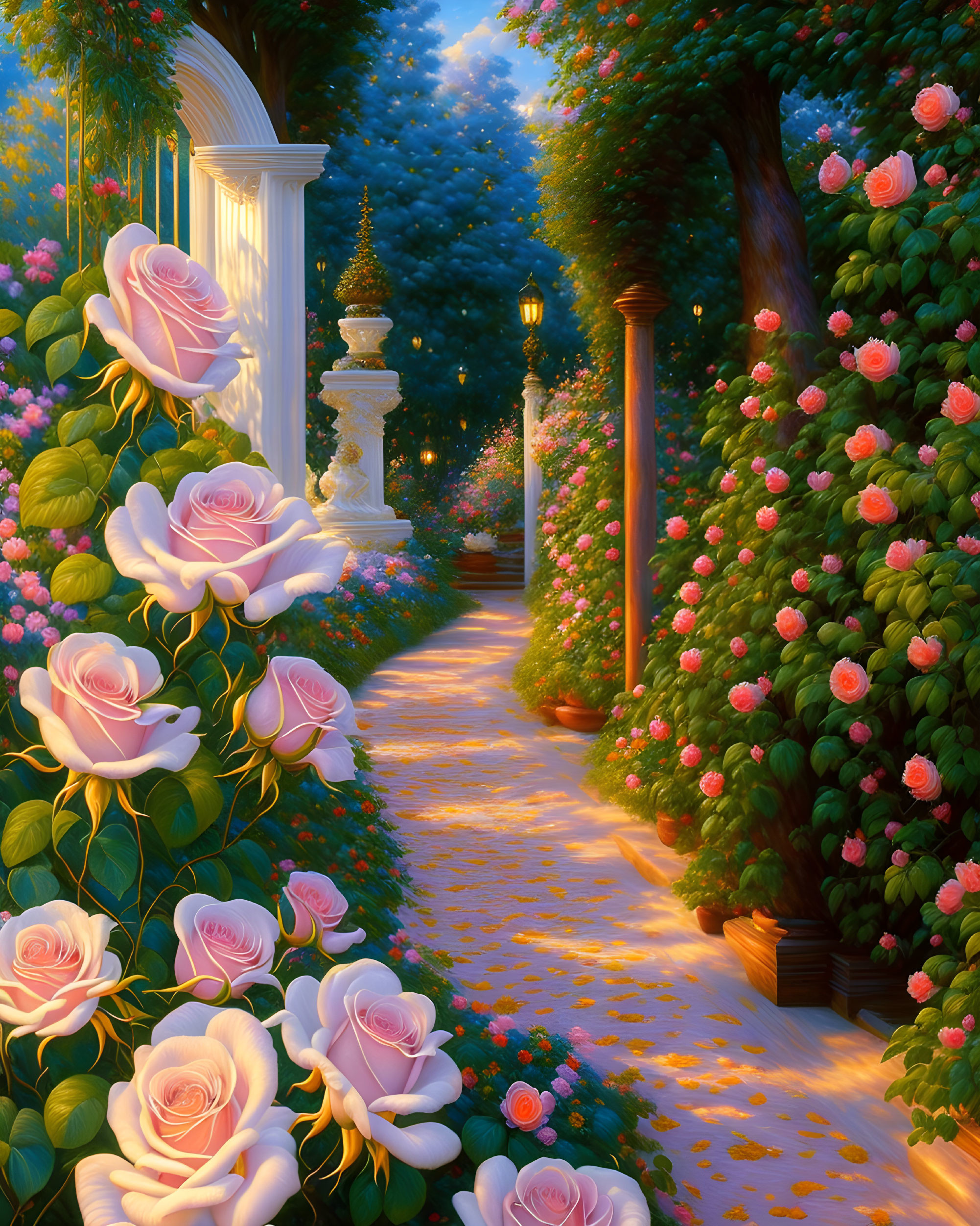 Tranquil garden pathway with pink and white roses, white columns, lanterns, and lush green