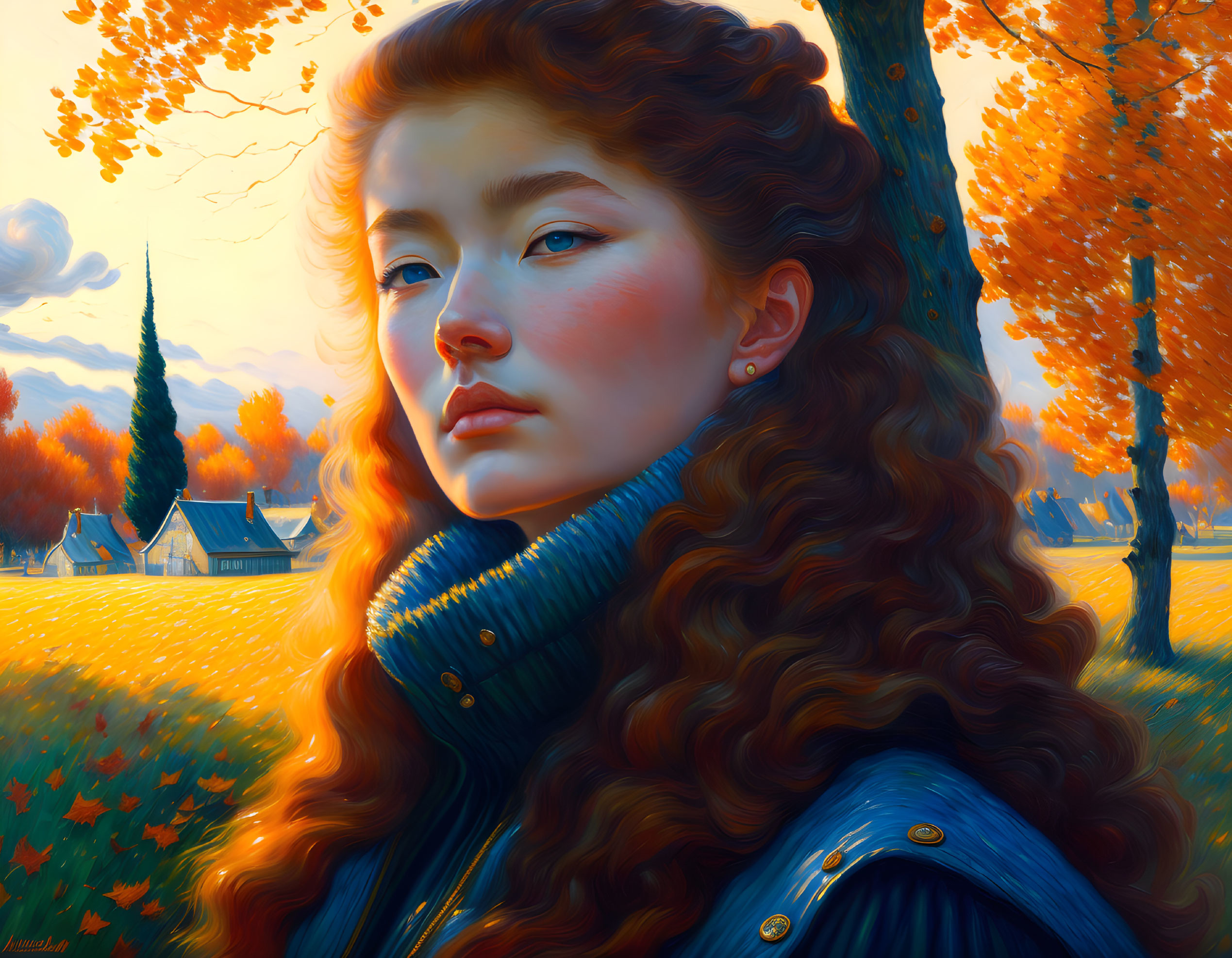 Red-haired woman in turtleneck sweater against autumn landscape