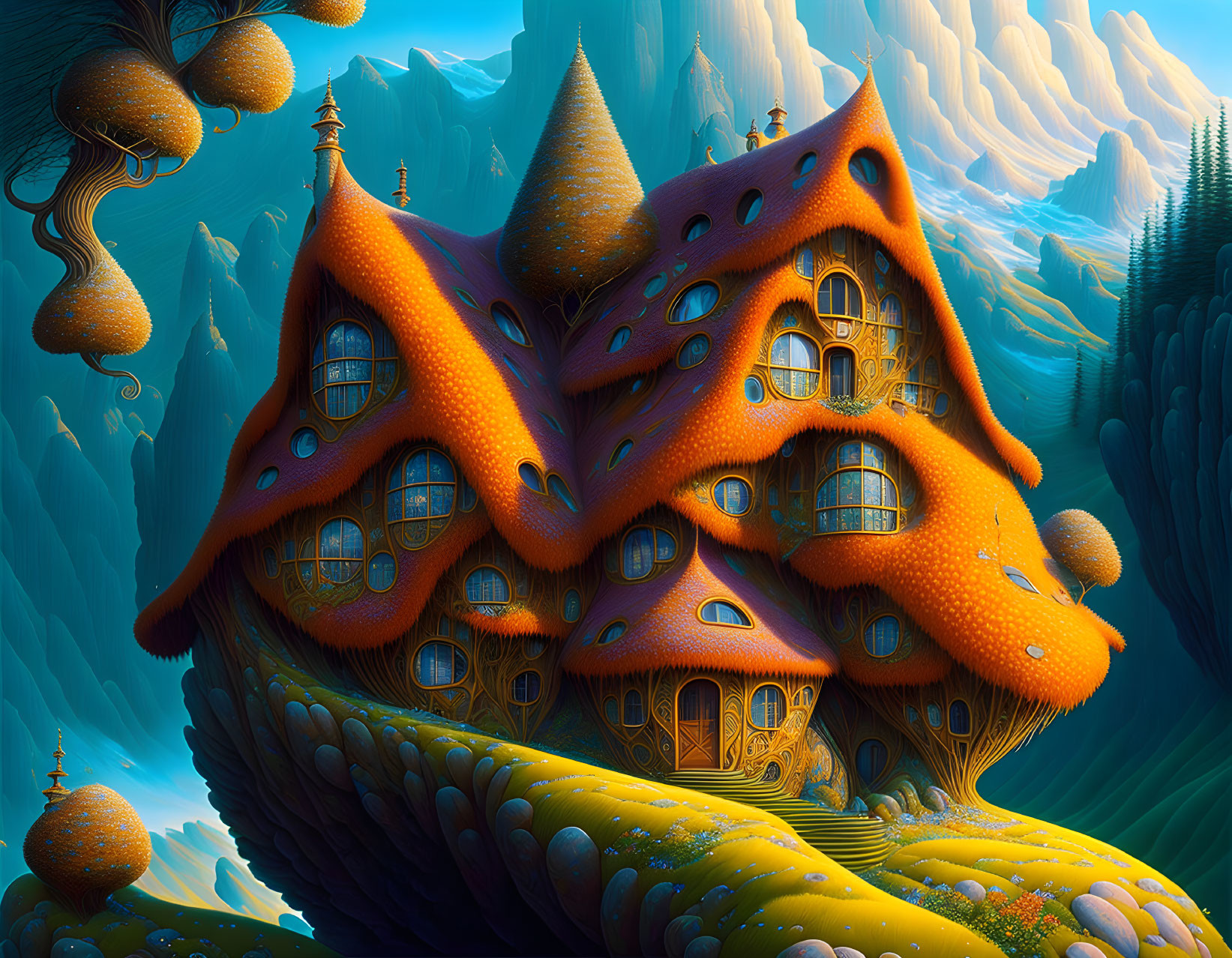 Surreal landscape with organic house and towering rock formations