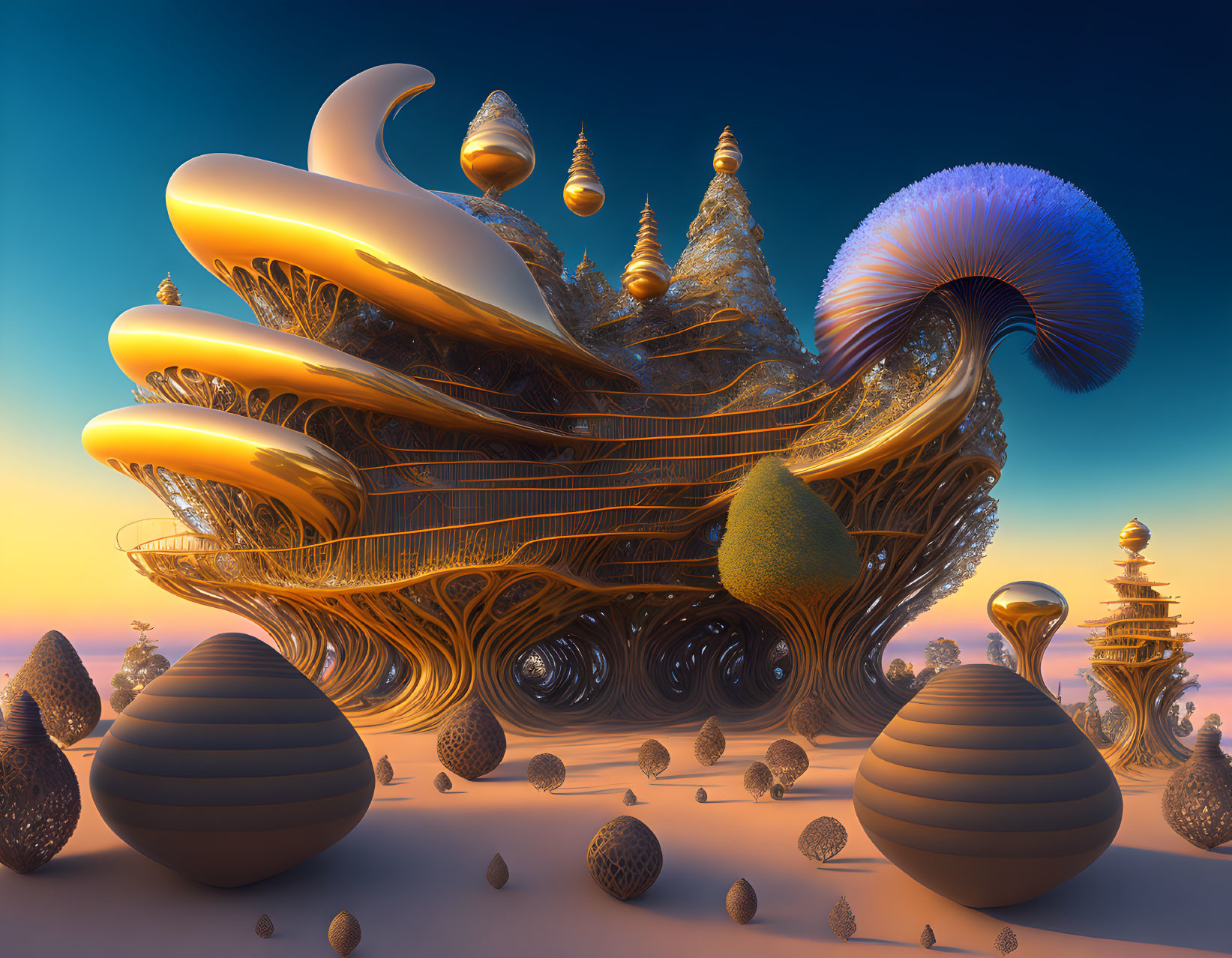 Surreal 3D landscape with golden hues and intricate textures