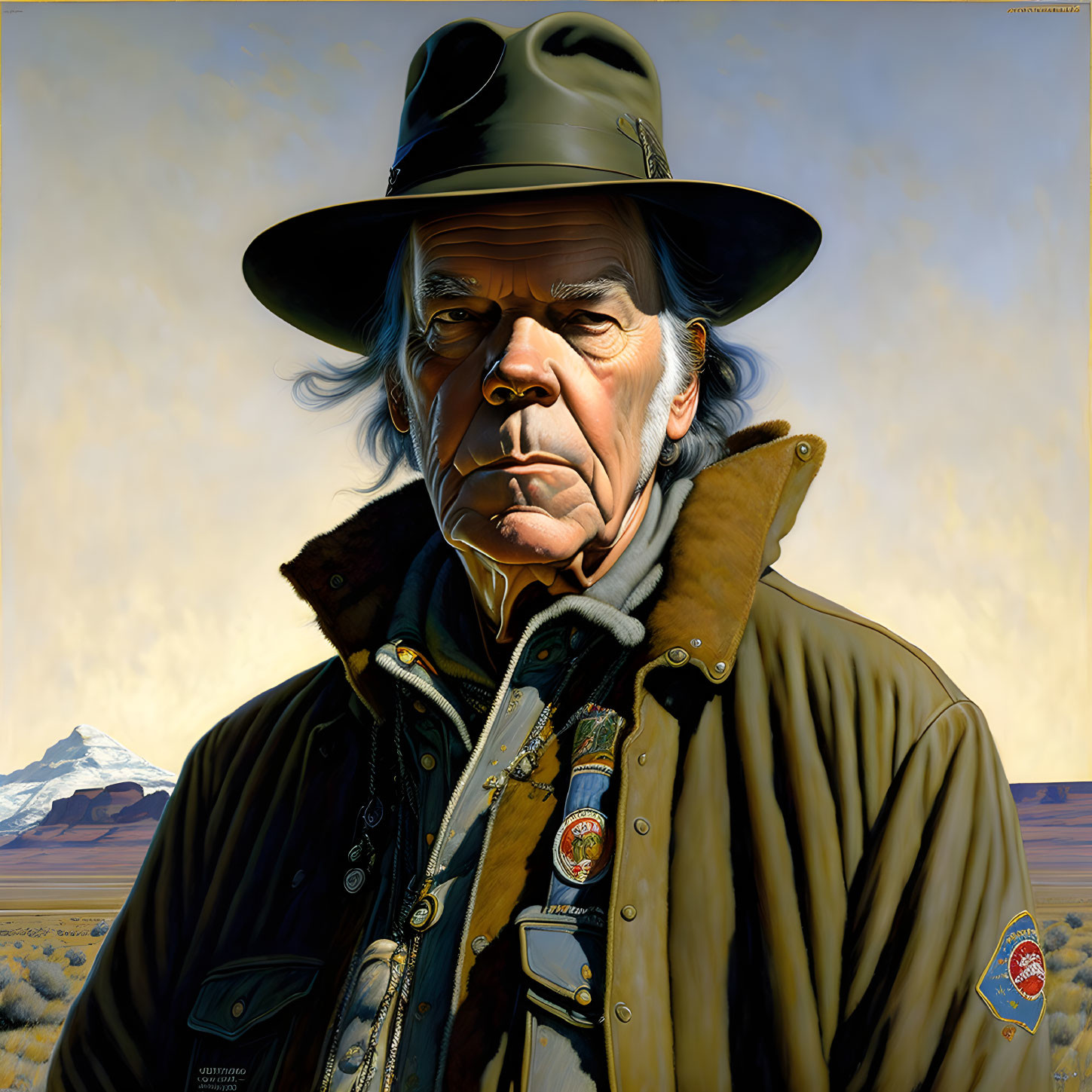 Serious man in cowboy hat with mountain backdrop