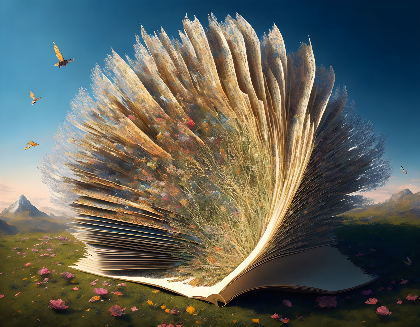 Open book with pages transforming into vast mountain landscape and serene sky symbolizing imagination and knowledge.