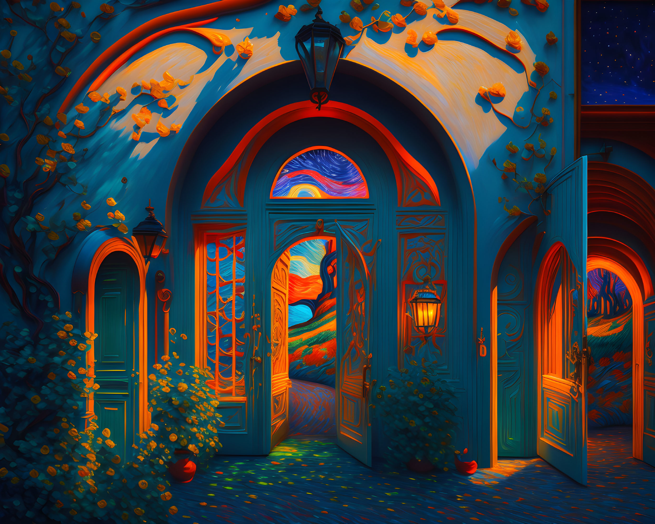 Surreal Van Gogh-inspired landscape through ornate arched doorway