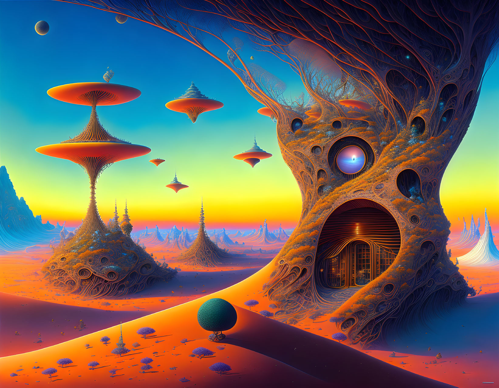 Sci-fi landscape with towering mushroom-like structures and glowing tree in celestial backdrop