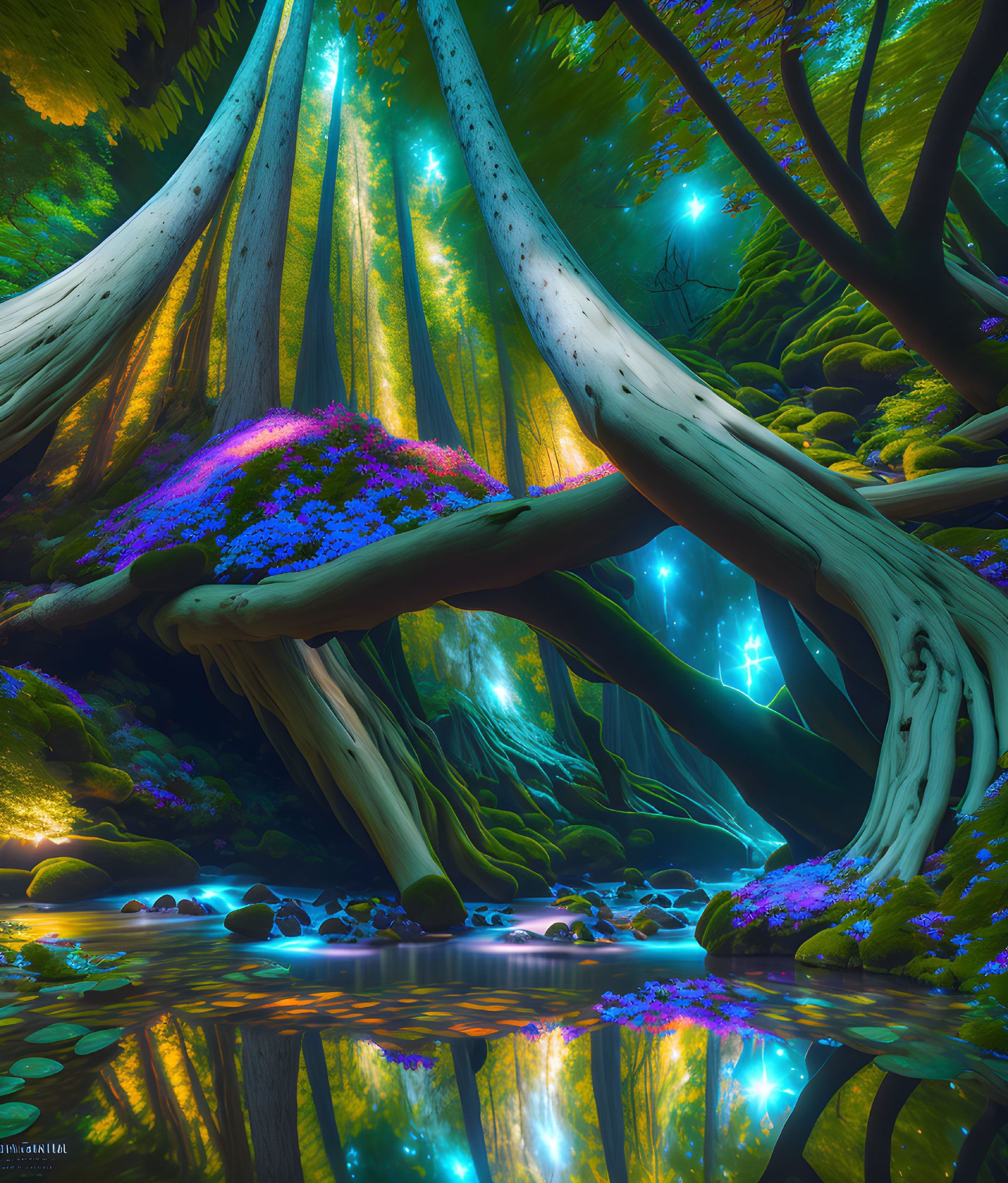 Majestic forest with towering trees and luminous blue lights