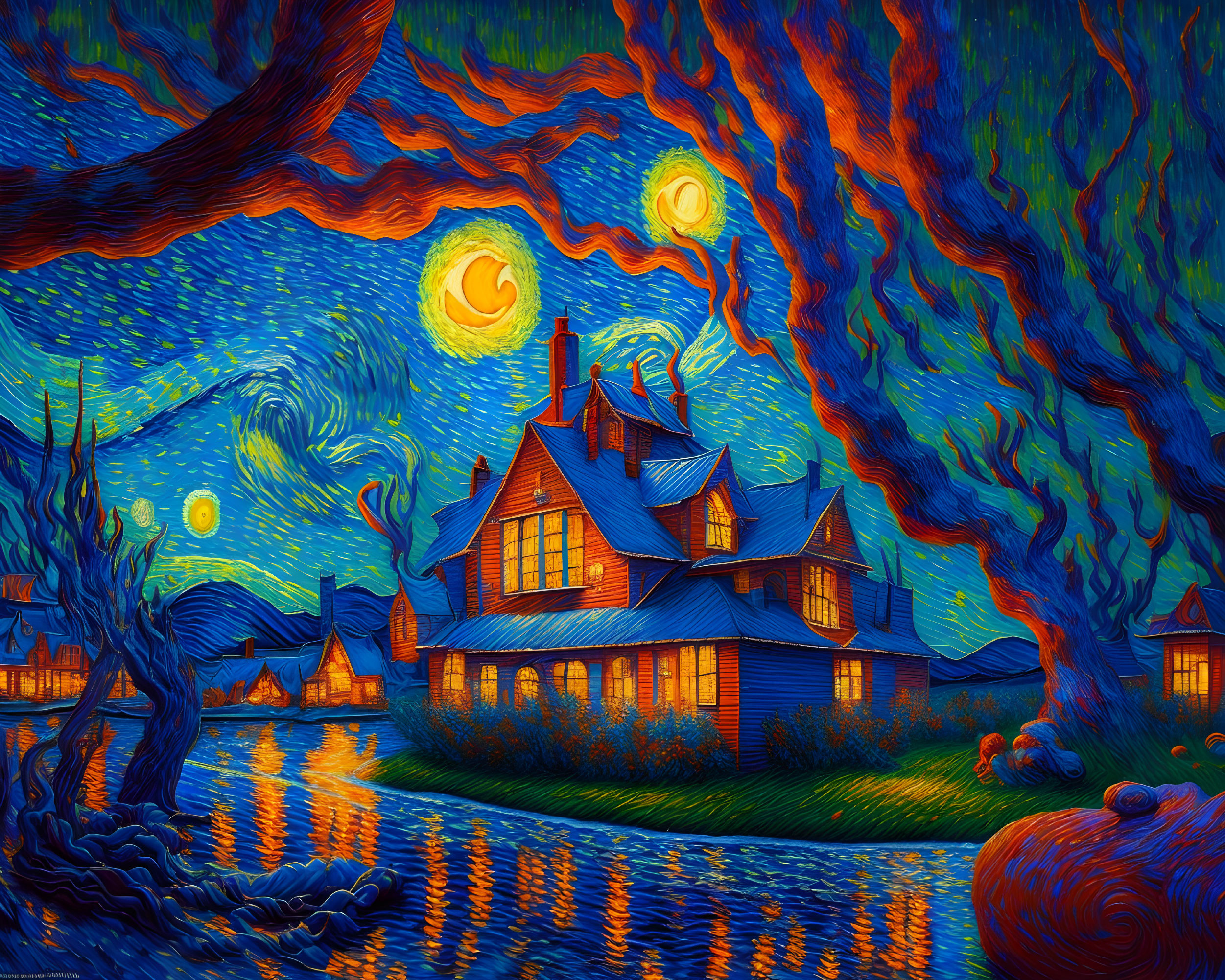 Vibrant Starry Night Painting with Swirling Sky & Village