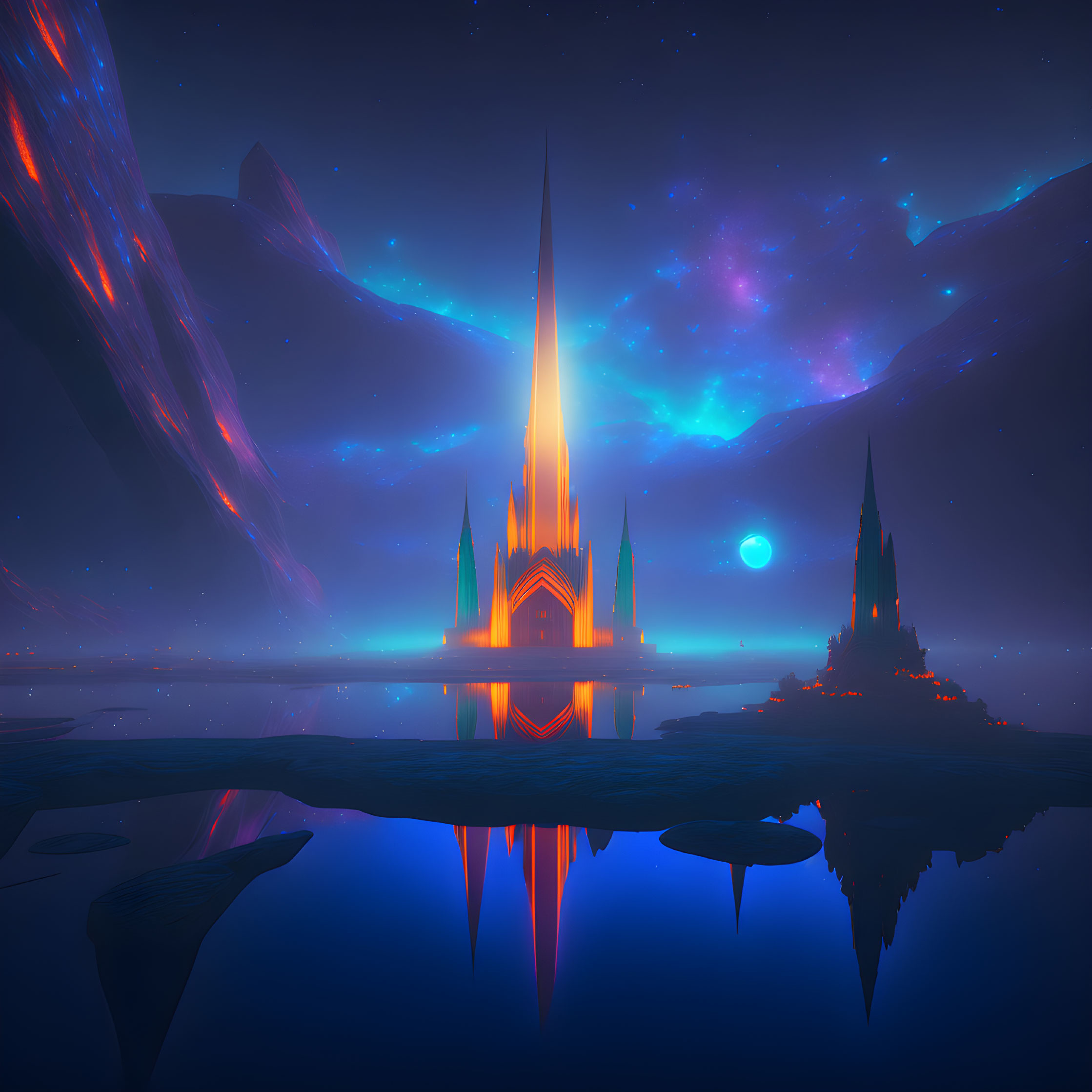 Neon-lit castle and spire reflected on serene lake amid cosmic sky