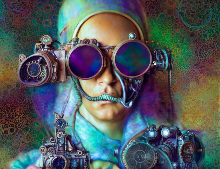 Person in Steampunk Gear Against Psychedelic Background