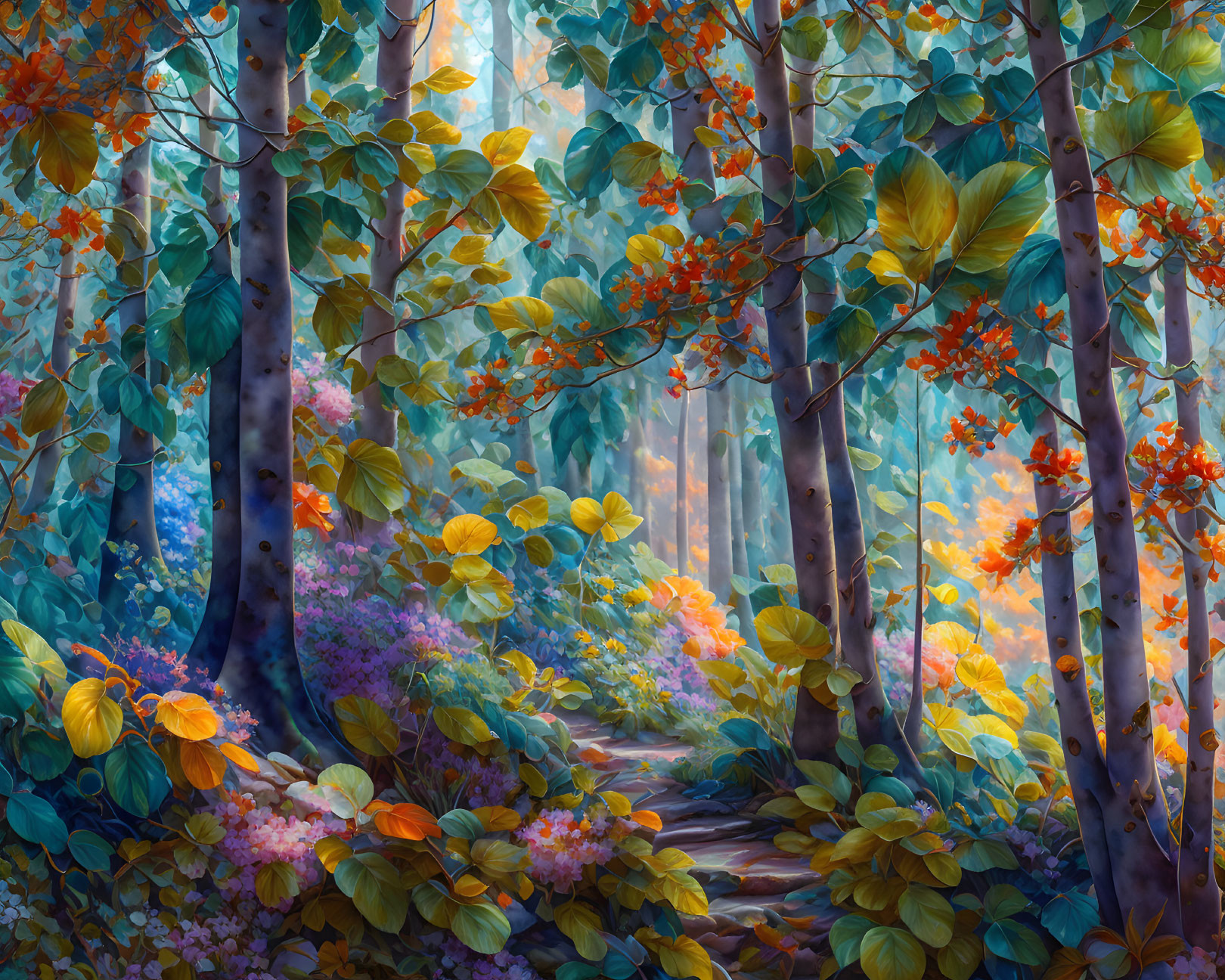 Colorful Foliage Path in Vibrant Forest