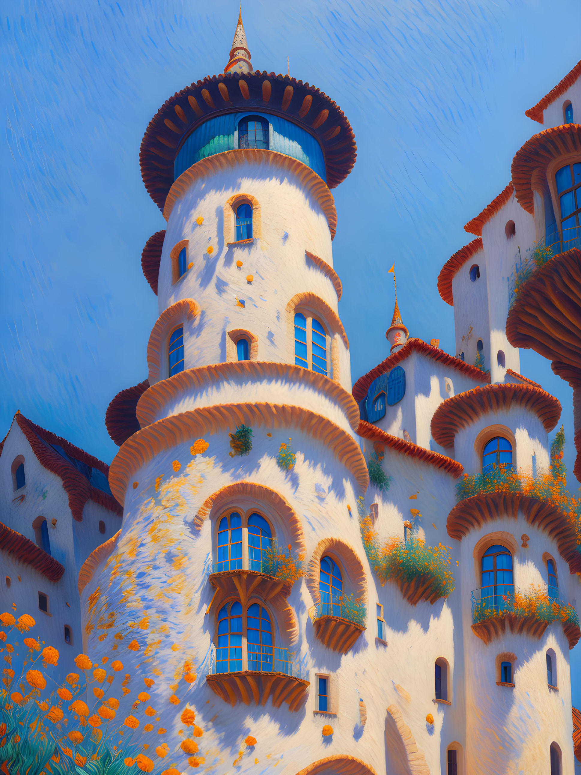 Fantastical tower painting with ornate balconies and vibrant sky