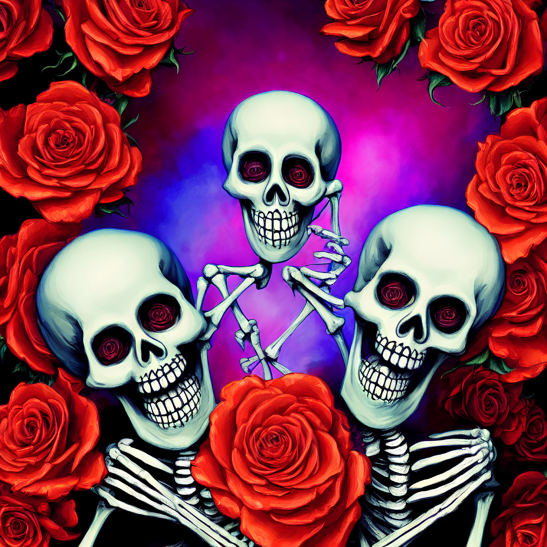 Three Skulls with Red Eyes and Roses on Dark Background