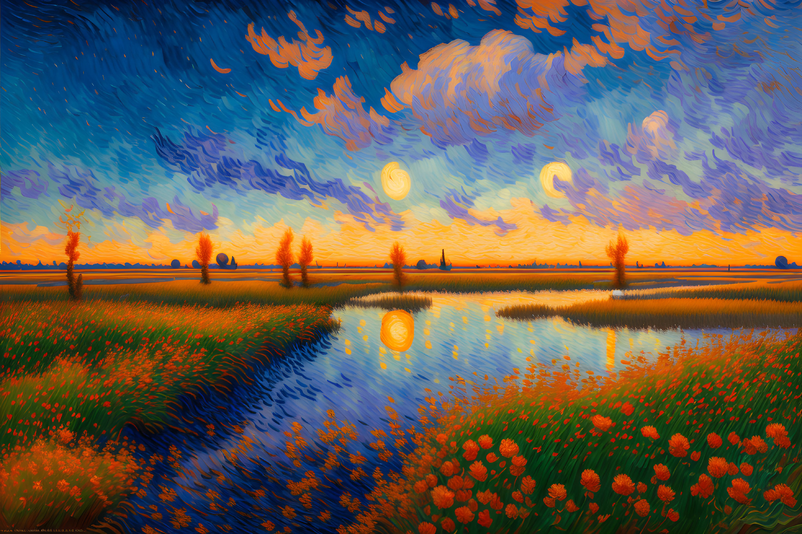 Colorful sunset landscape painting with swirling clouds and multiple suns reflected in water, inspired by Van G