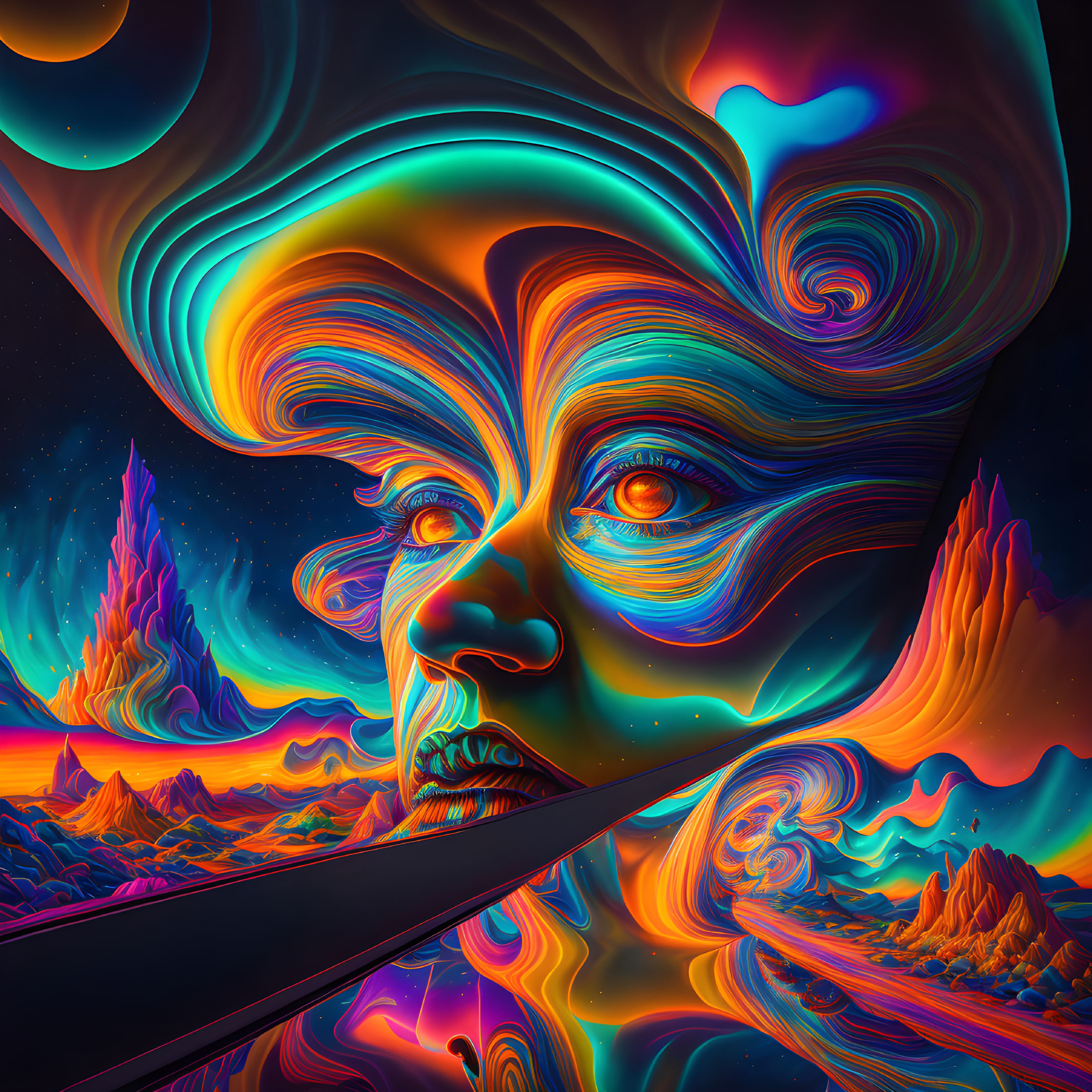 Surreal landscape with face in colorful swirls under starry sky