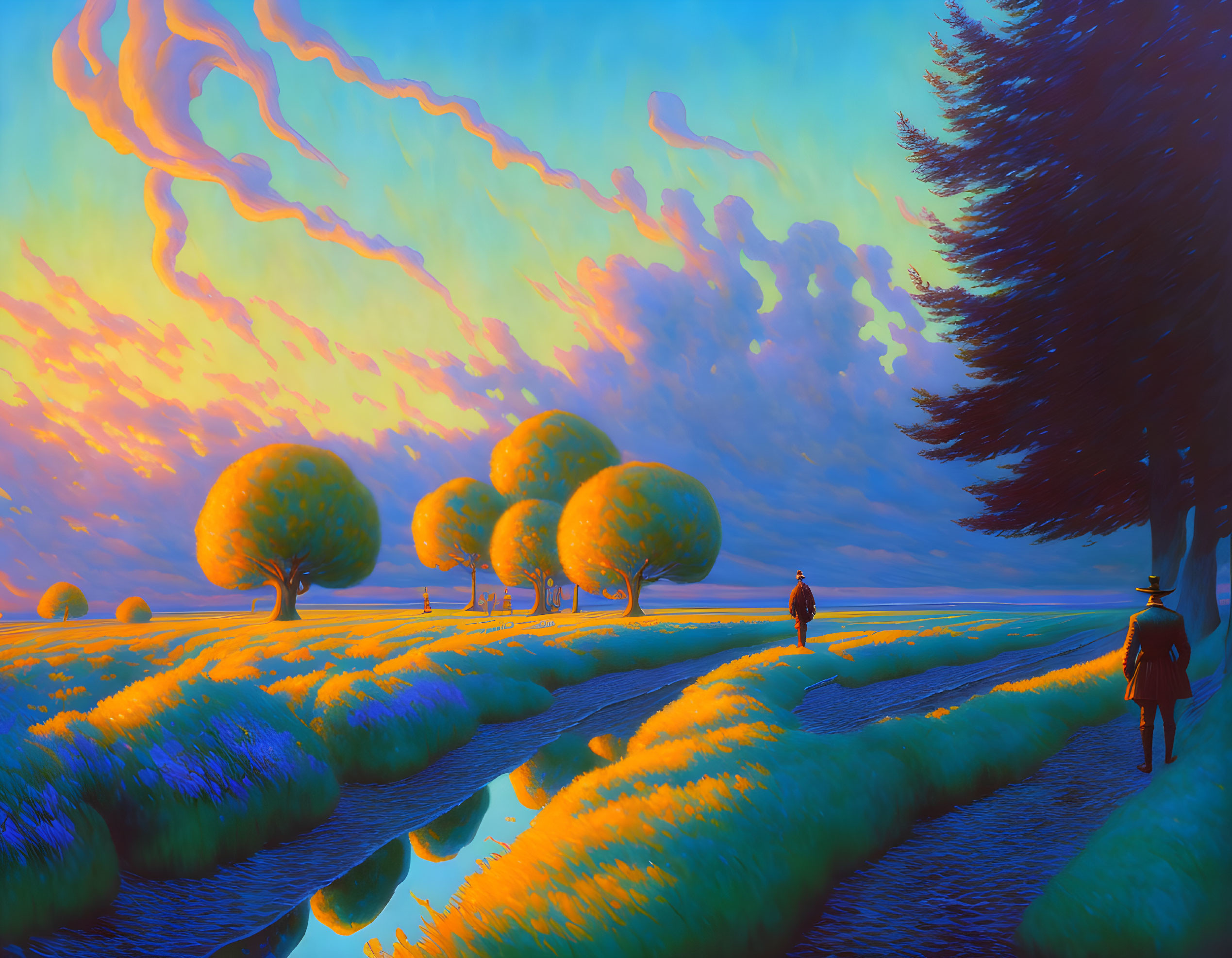 Colorful sunset sky over serene landscape with river, trees, and figures walking