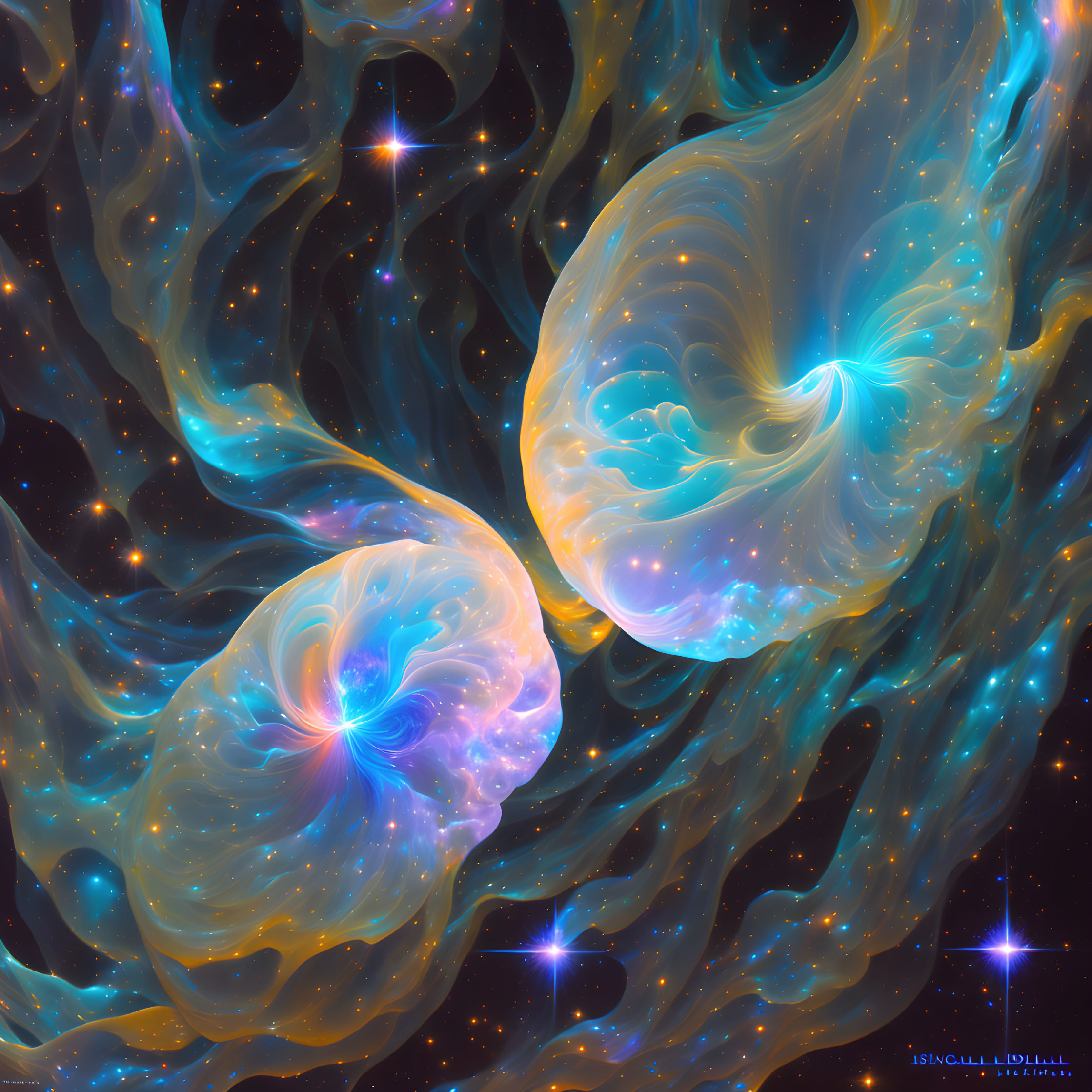 Luminescent nebulae in vivid blues and oranges amid interstellar clouds