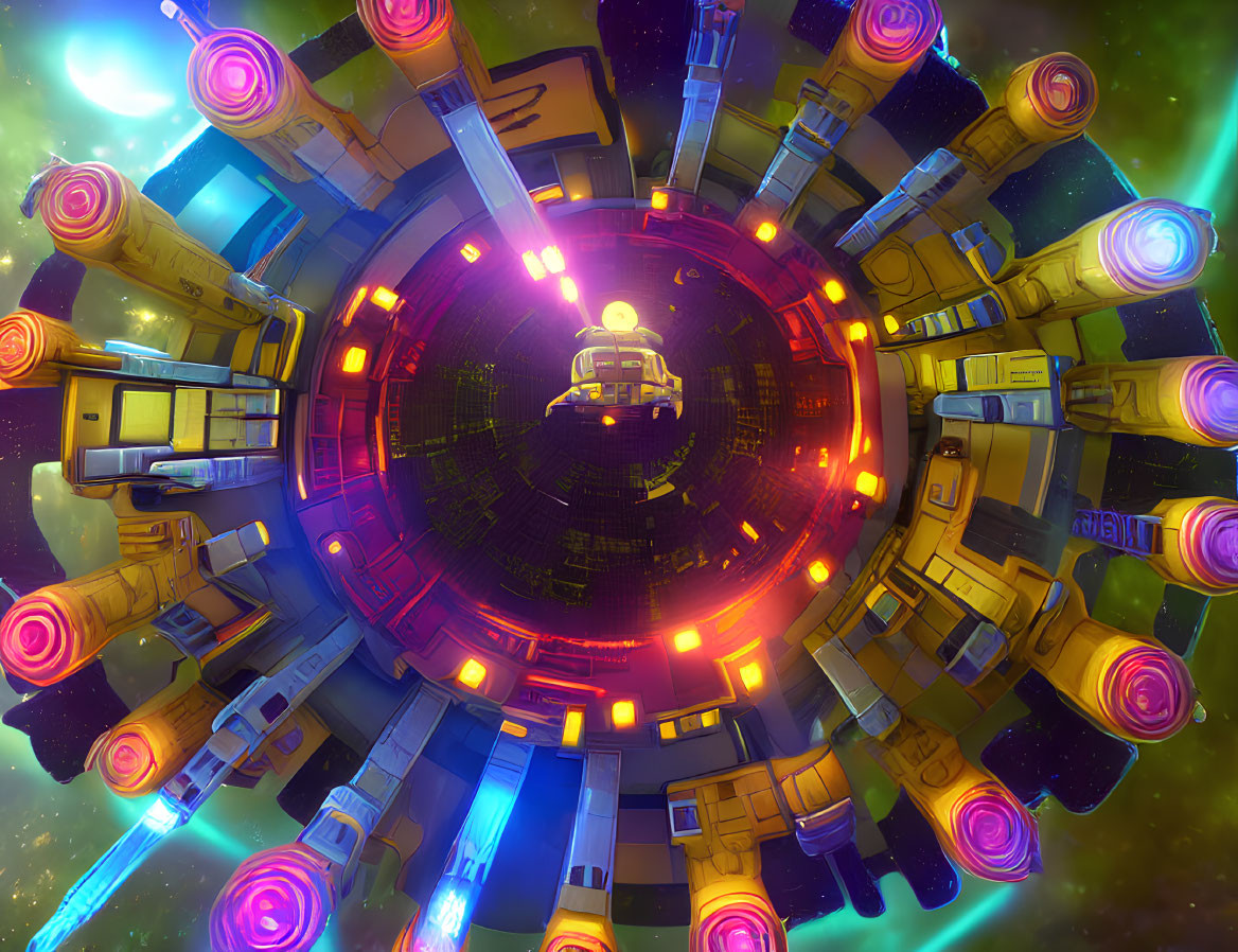 Circular space station with glowing core and neon lights in vibrant sci-fi scene