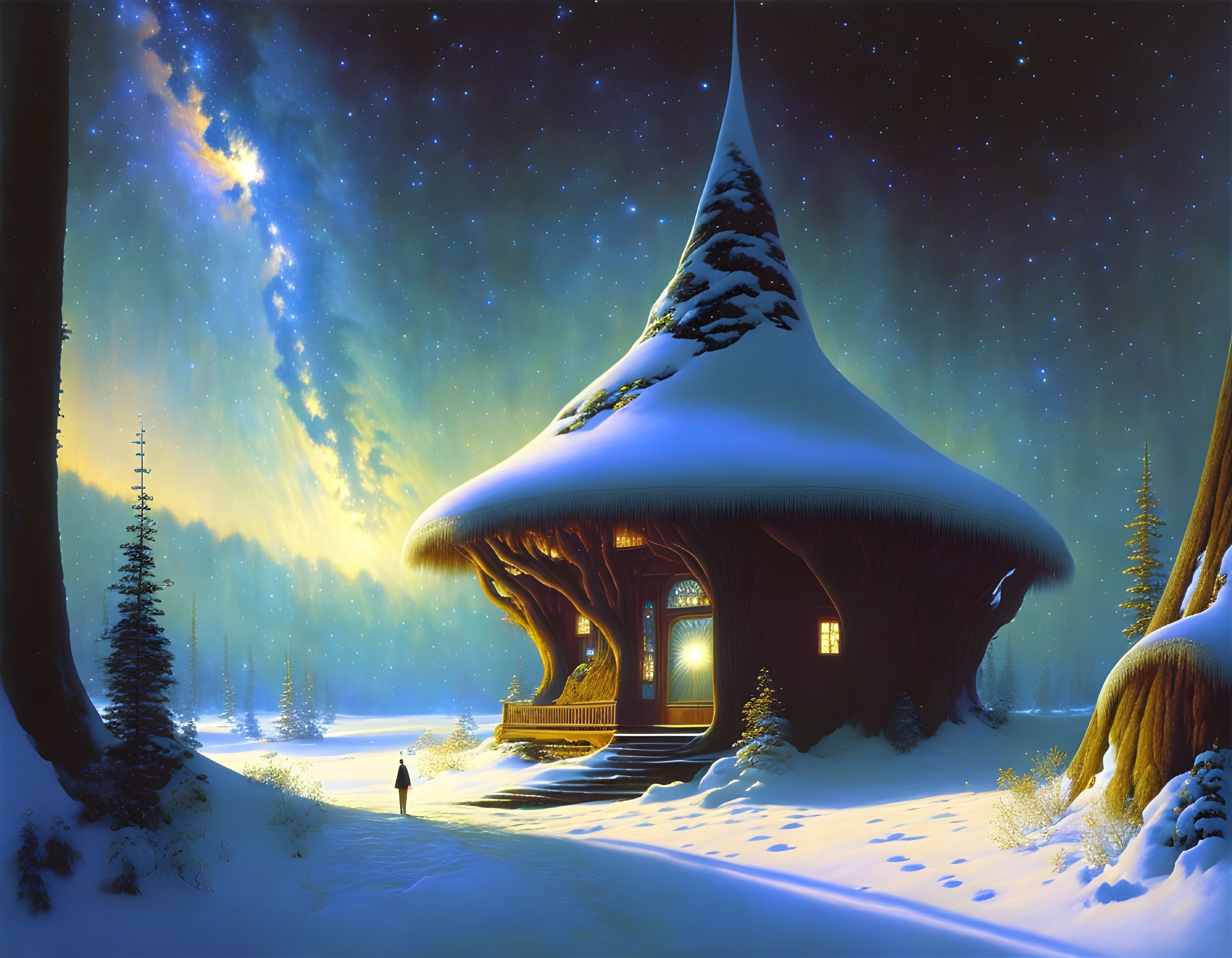 Illustration of person at glowing mushroom house in starry night