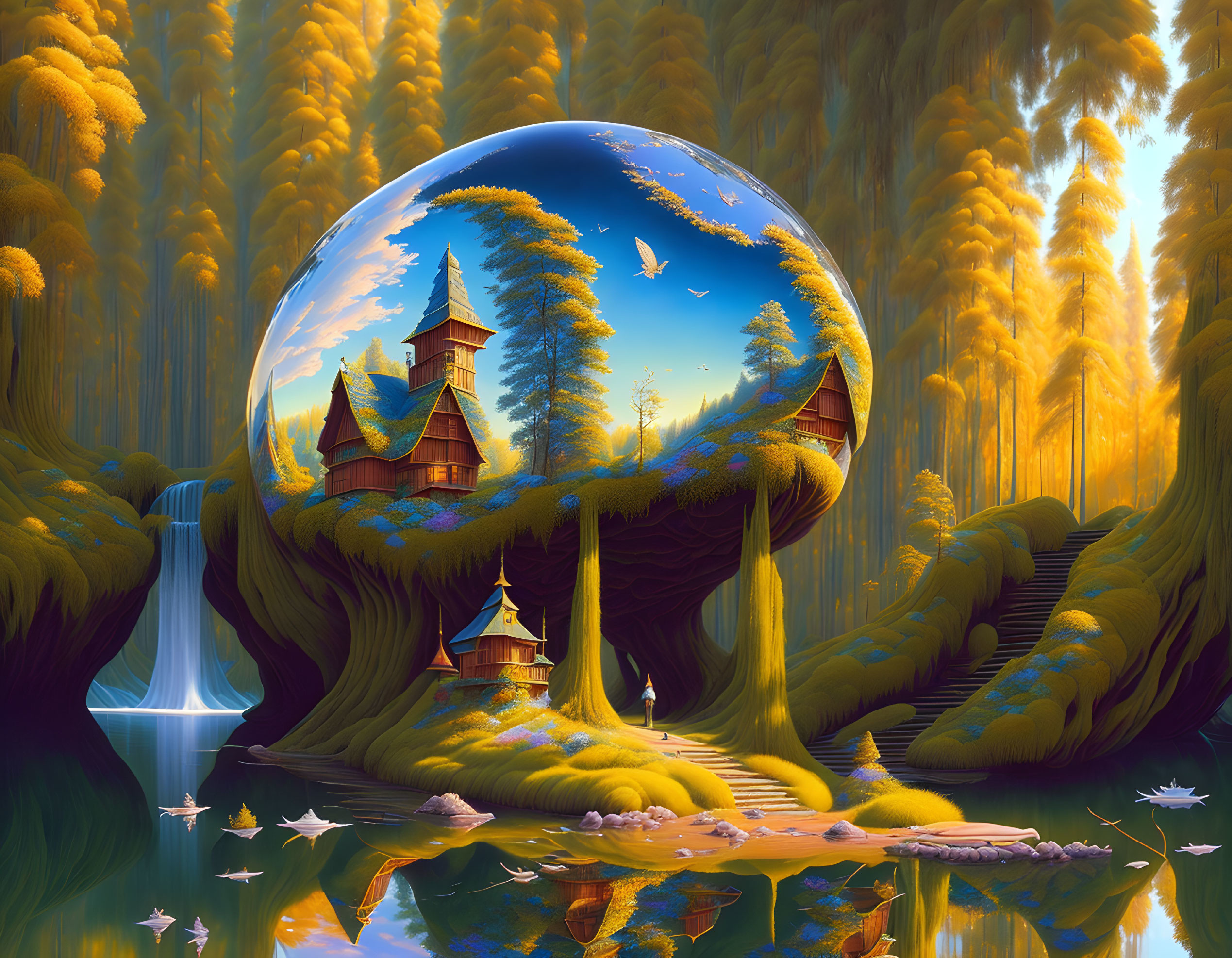 Surreal landscape with crystal ball showing alternate scene of houses on grassy hill in golden forest under