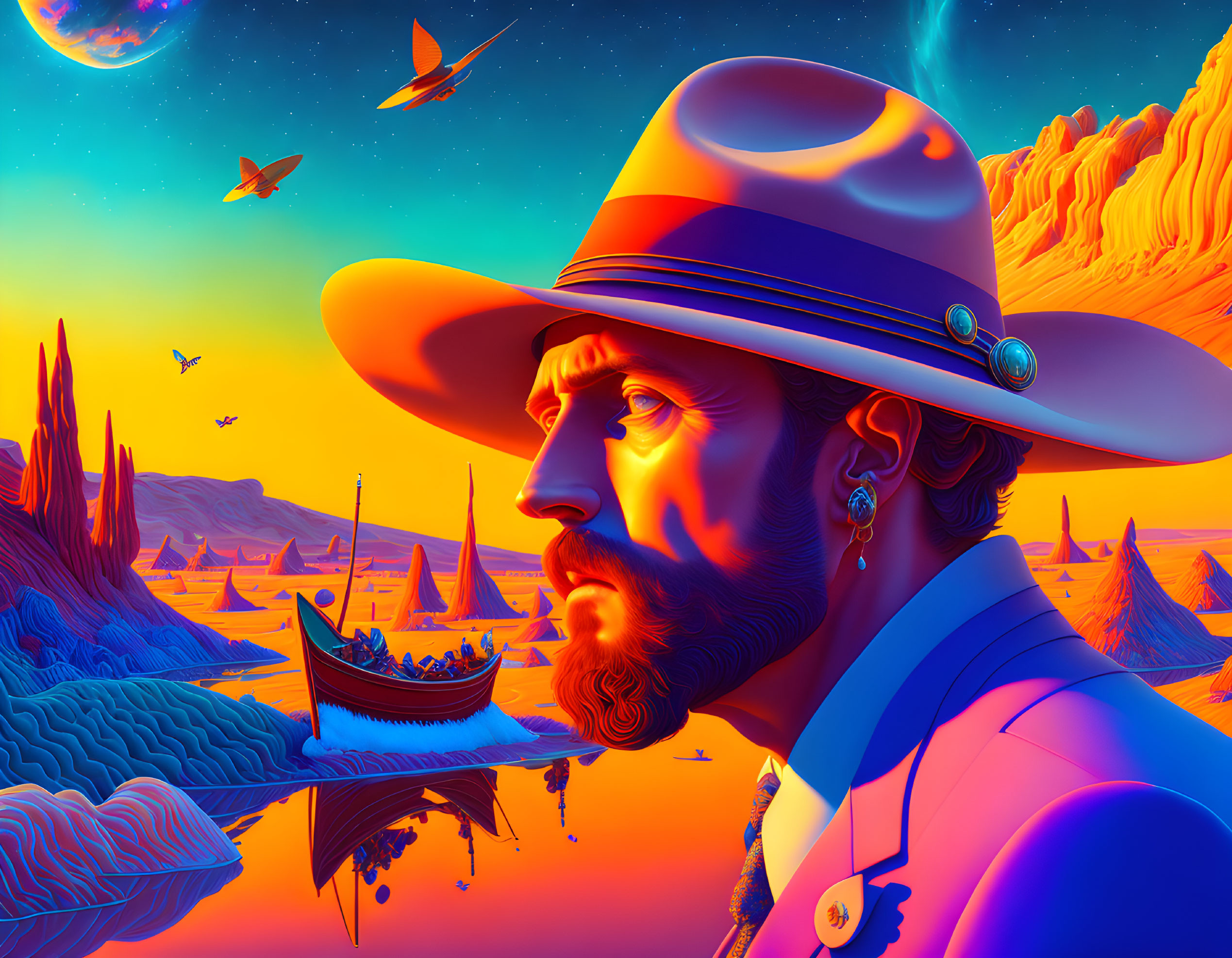 Surreal cowboy portrait with orange and purple landscape, ship, rocks, birds, and alien sky