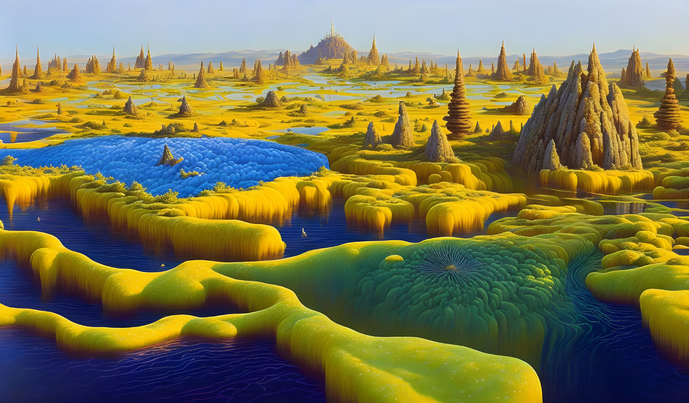 Vibrant yellow terraformed structures in surreal landscape