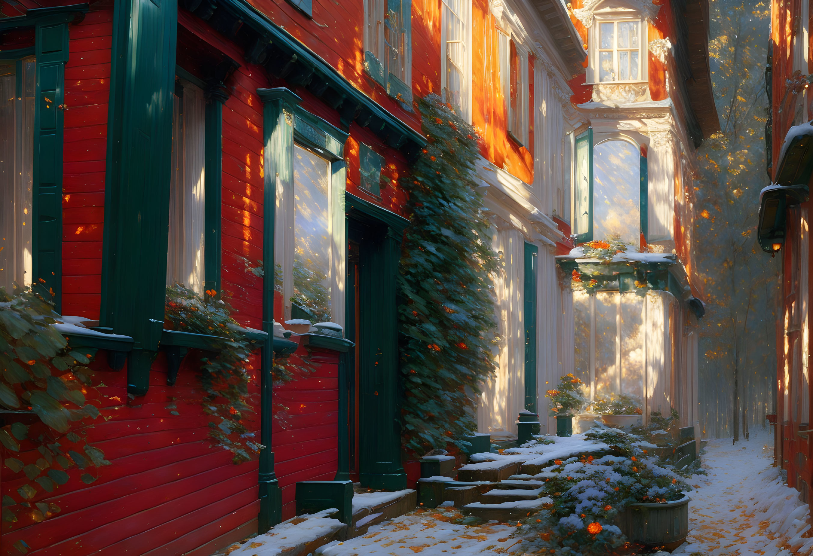 Snowy street scene with red and orange houses and winter sunlight.